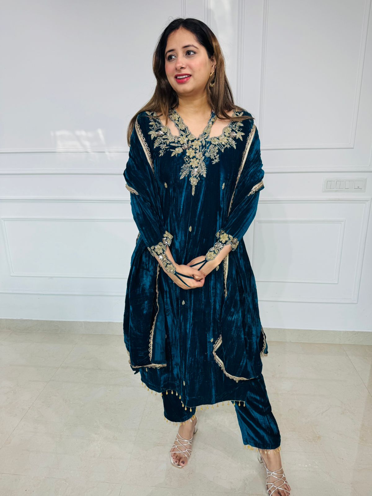 Elara | Velvet Embroidered V‑Neck Kurta Set with Dupatta