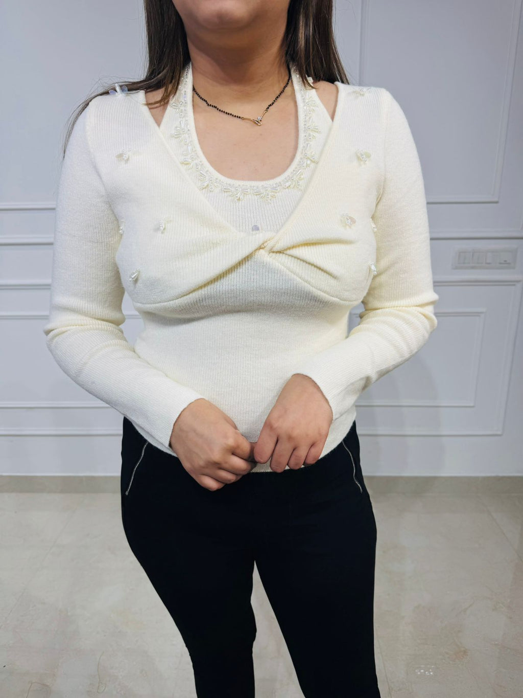 Pearlina | Ivory Pearl Embellished Twist Front Knit Top for Women – Elegant Sweater