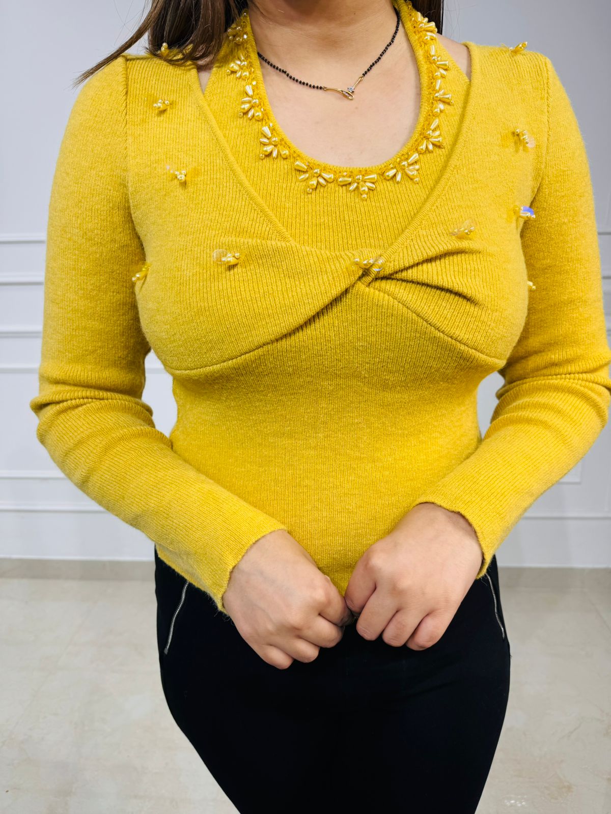 Mellowa | Embellished Twist Front Knit Top for Women – Mustard Long Sleeve Party Sweater