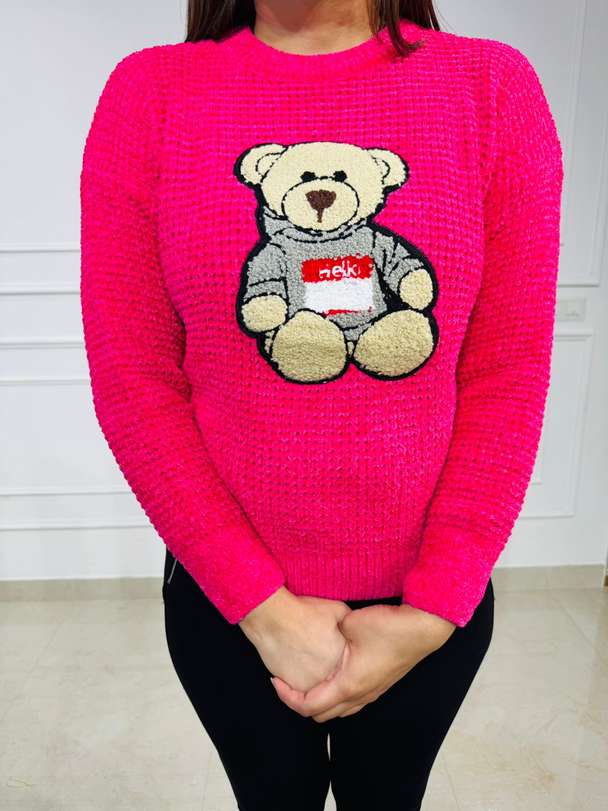 Teddiya | Hot Pink Teddy Motif Sweater for Women – Cozy Graphic Knit Pullover
