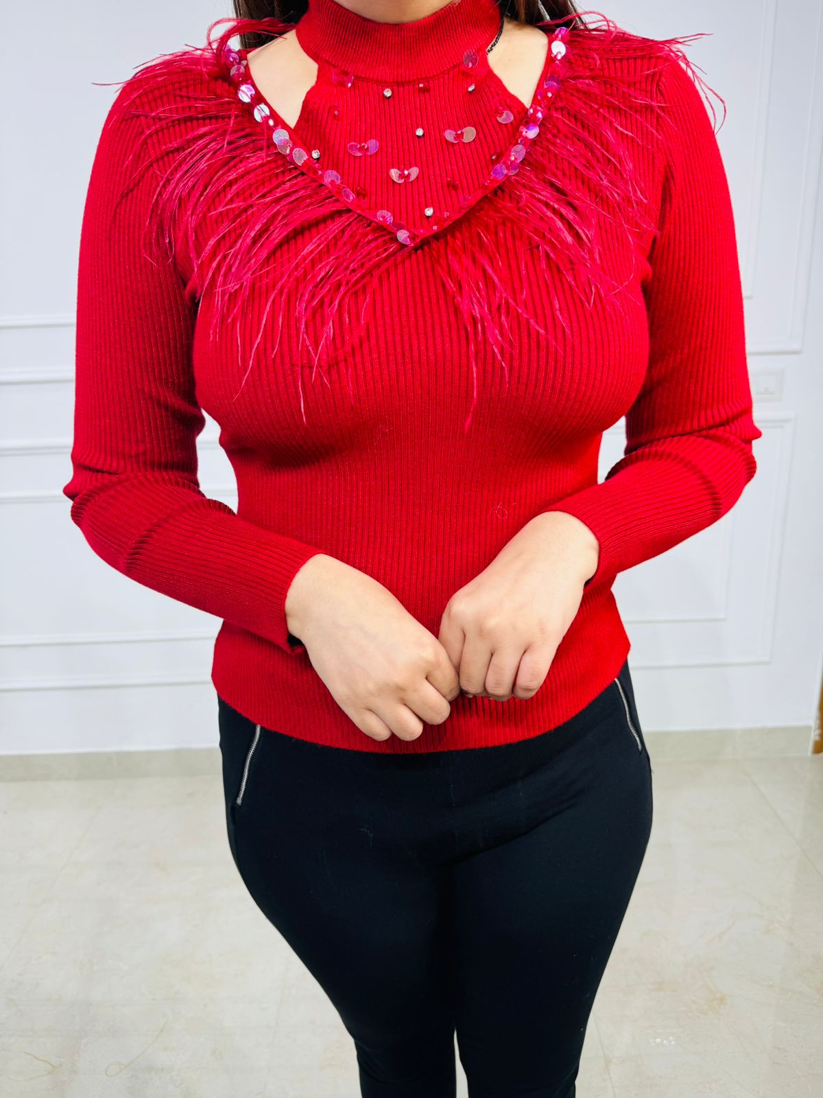 Flamara | Red Feather Trim High Neck Knit Top for Women – Embellished Party Sweater