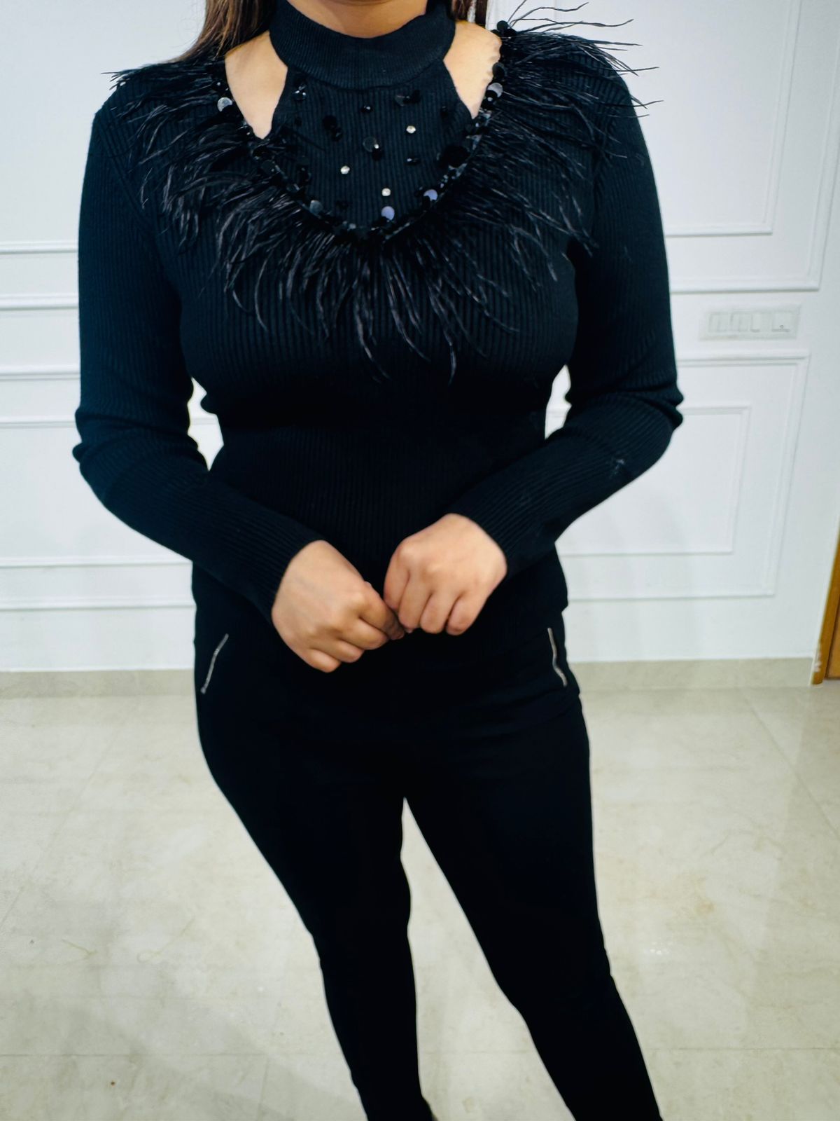 Feathra | Feather Embellished High Neck Knit Top for Women – Black Party Sweater