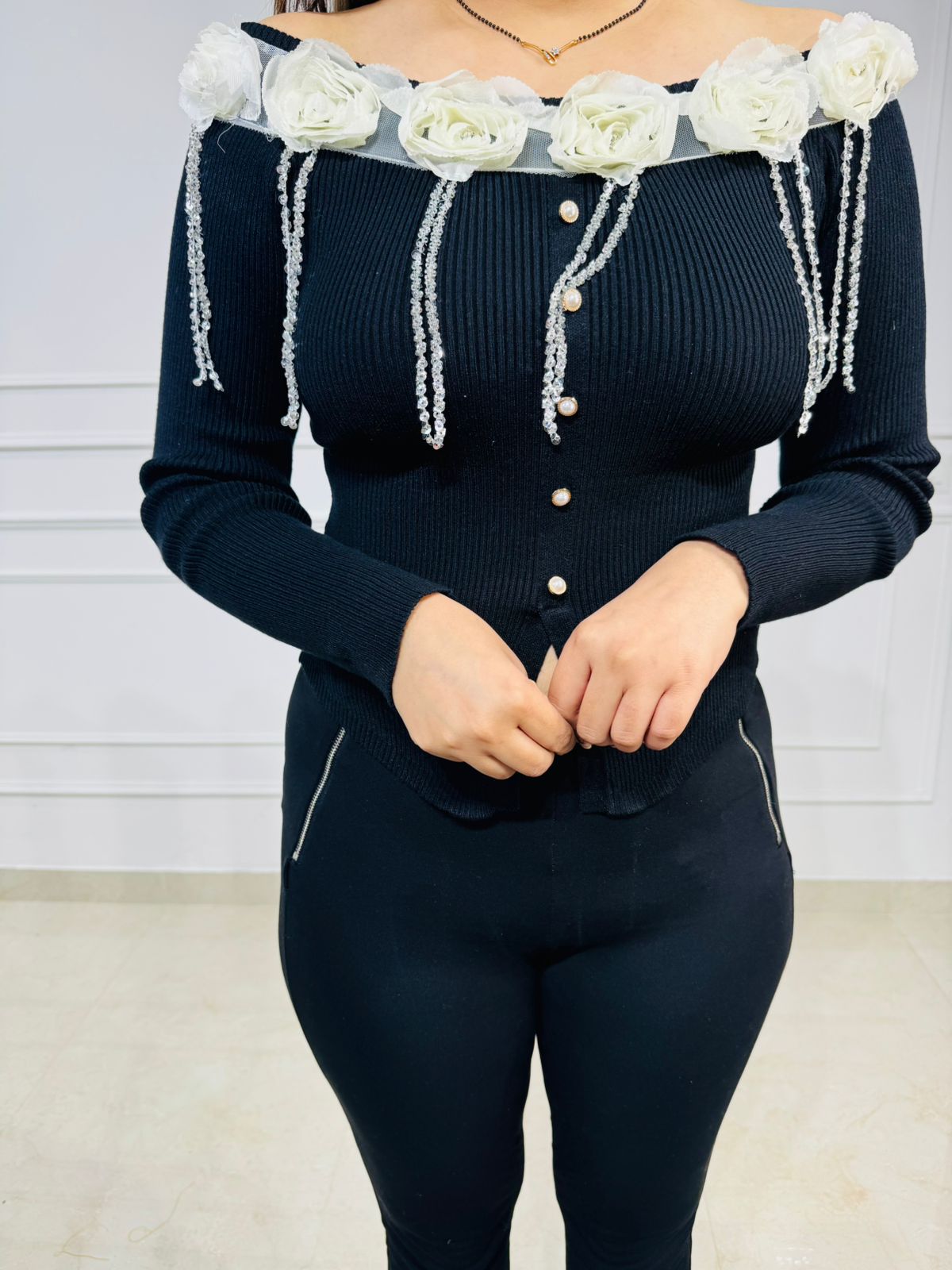 Nocturna | Black Flower Ruffle Pearl Tassel Knit Top for Women – Romantic Sweater