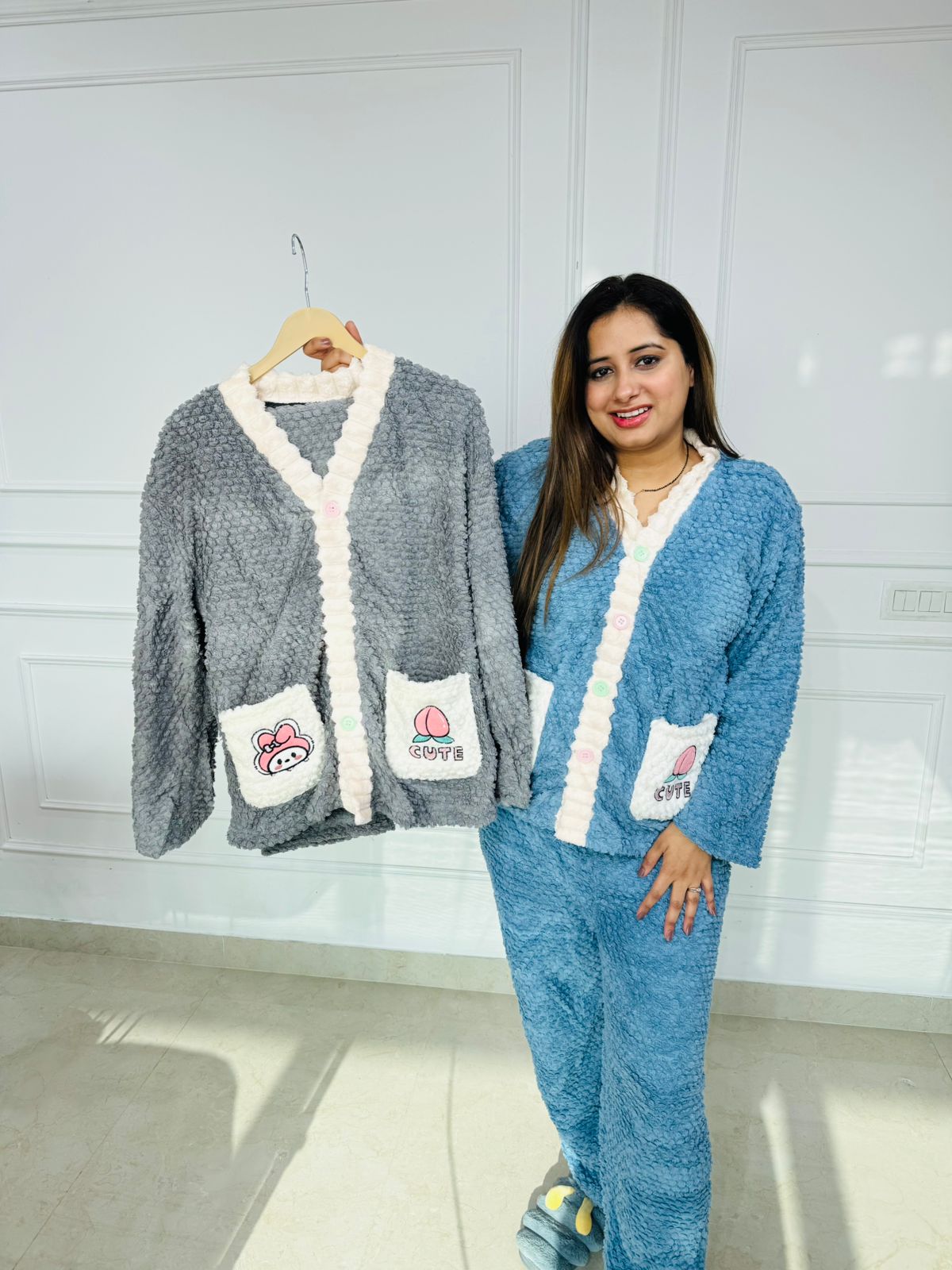 Nexora | Cute Blue Fluffy Sherpa Nightwear Set with Bunny Applique Pockets for Cozy Winters