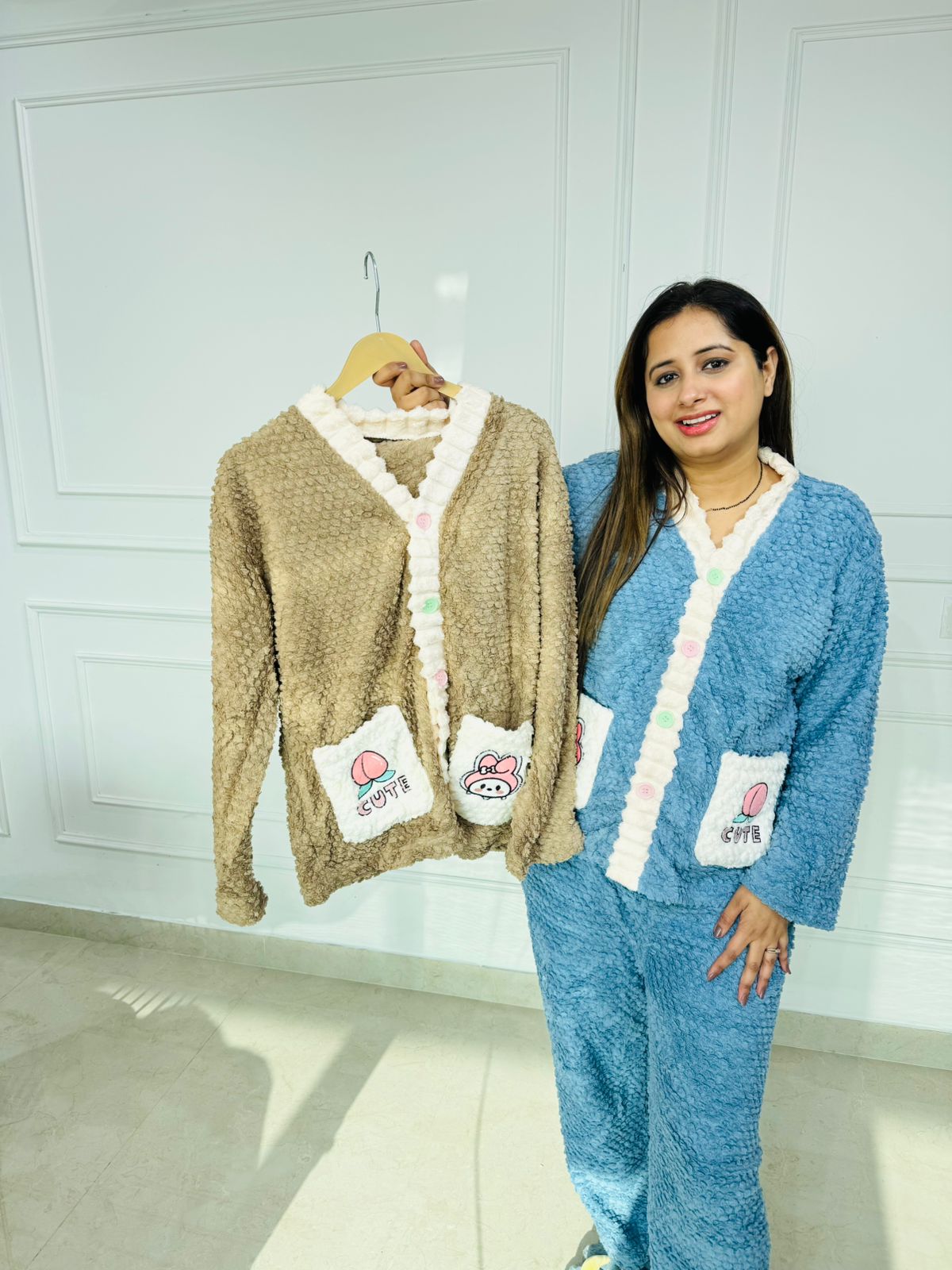 Nexora | Cute Blue Fluffy Sherpa Nightwear Set with Bunny Applique Pockets for Cozy Winters