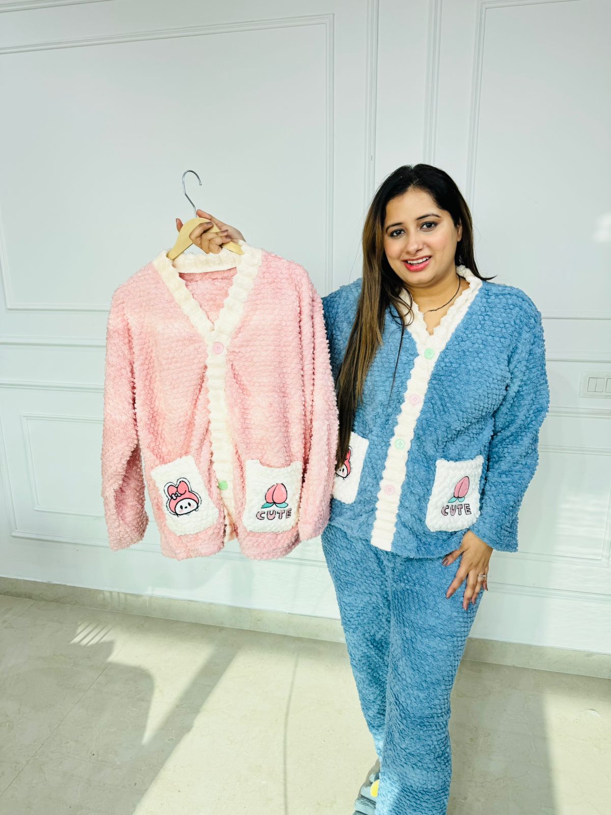 Nexora | Cute Blue Fluffy Sherpa Nightwear Set with Bunny Applique Pockets for Cozy Winters