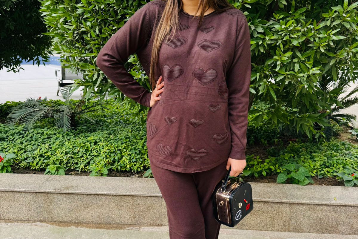Chocolia | Brown Heart Knit Co-ord Set for Casual Outings & Winter Brunch