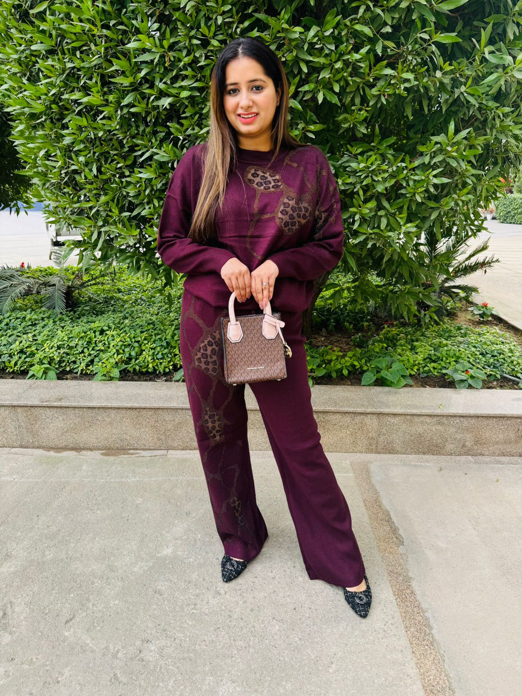 Wintra | Wine Purple Leopard Print Co-ord Set for Casual Winter Styling