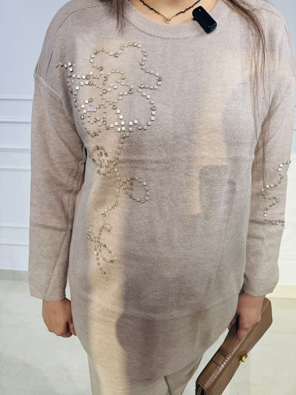 Beigea | Beige Floral Sequin Knit Co-ord Set for Elegant Winter Casual