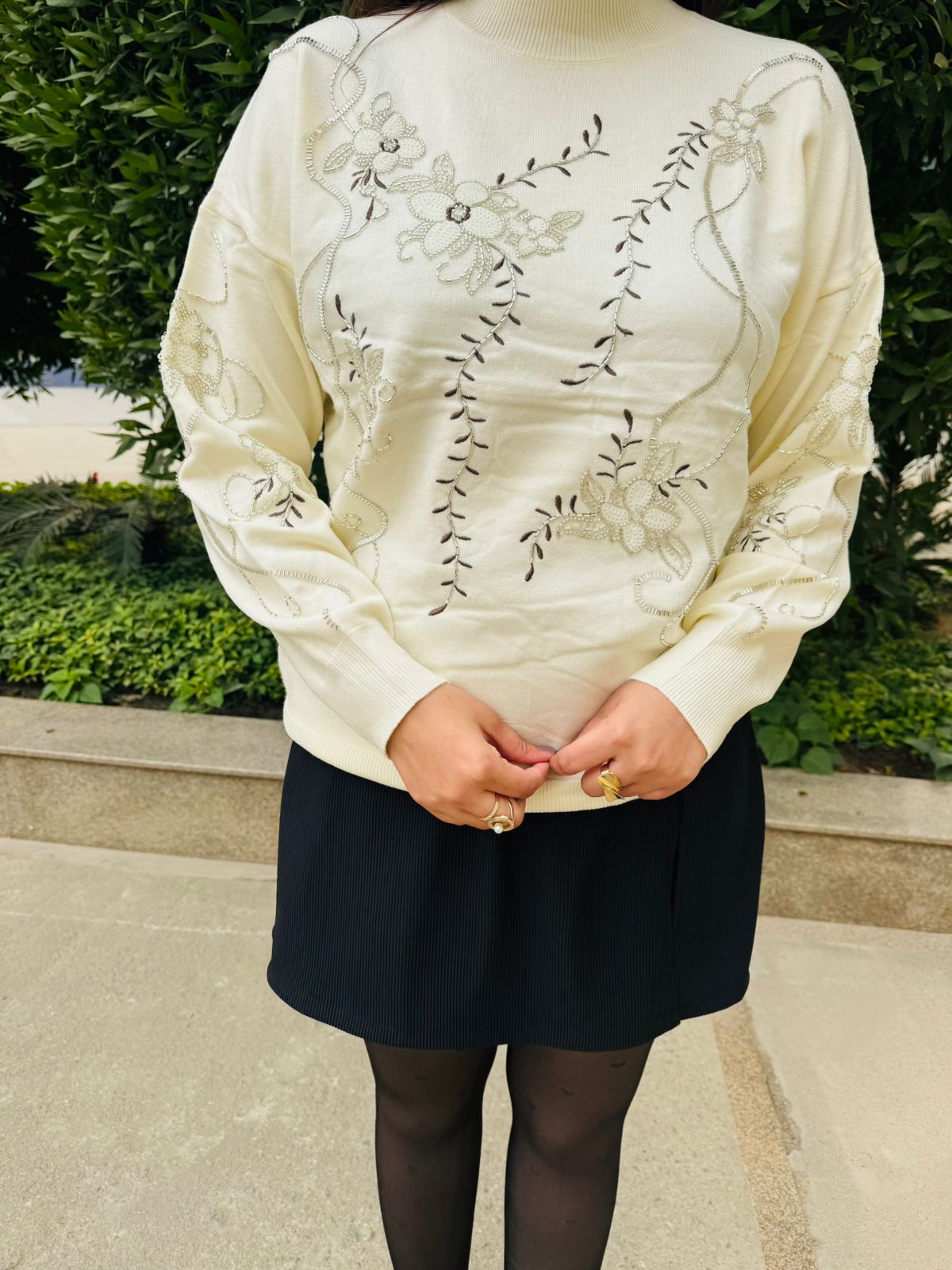 Pearlwhisper | High-Neck Beaded Floral Sweatshirt