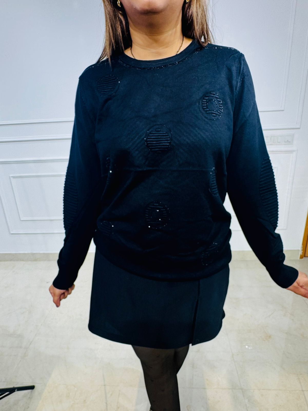 Nightorb | Crewneck Sequin Circle Shoulder Pad Sweater