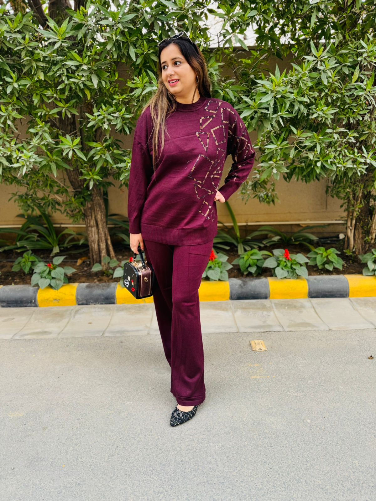 VINORA | Burgundy Geometric Winter Co-Ord Set