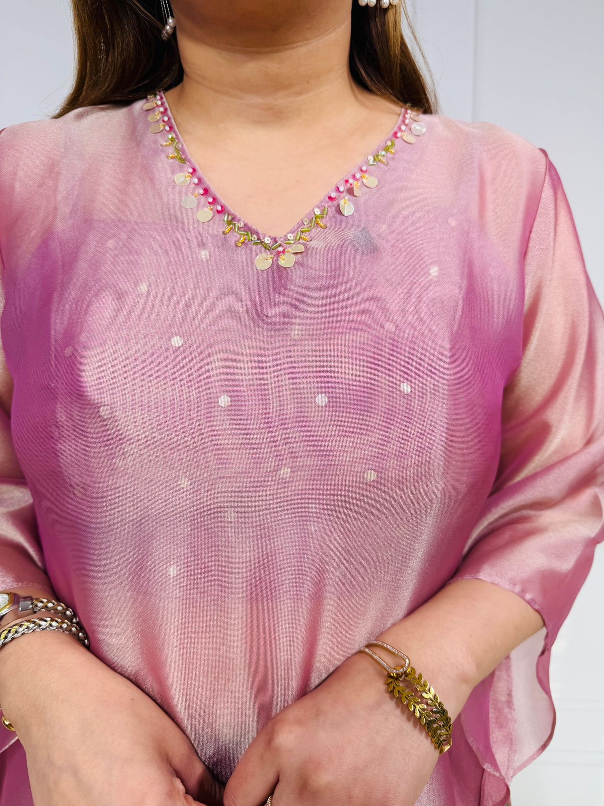 Shafaq 2.O | Blush Organza Floral Embroidered Kurta Set with Palazzo Pants