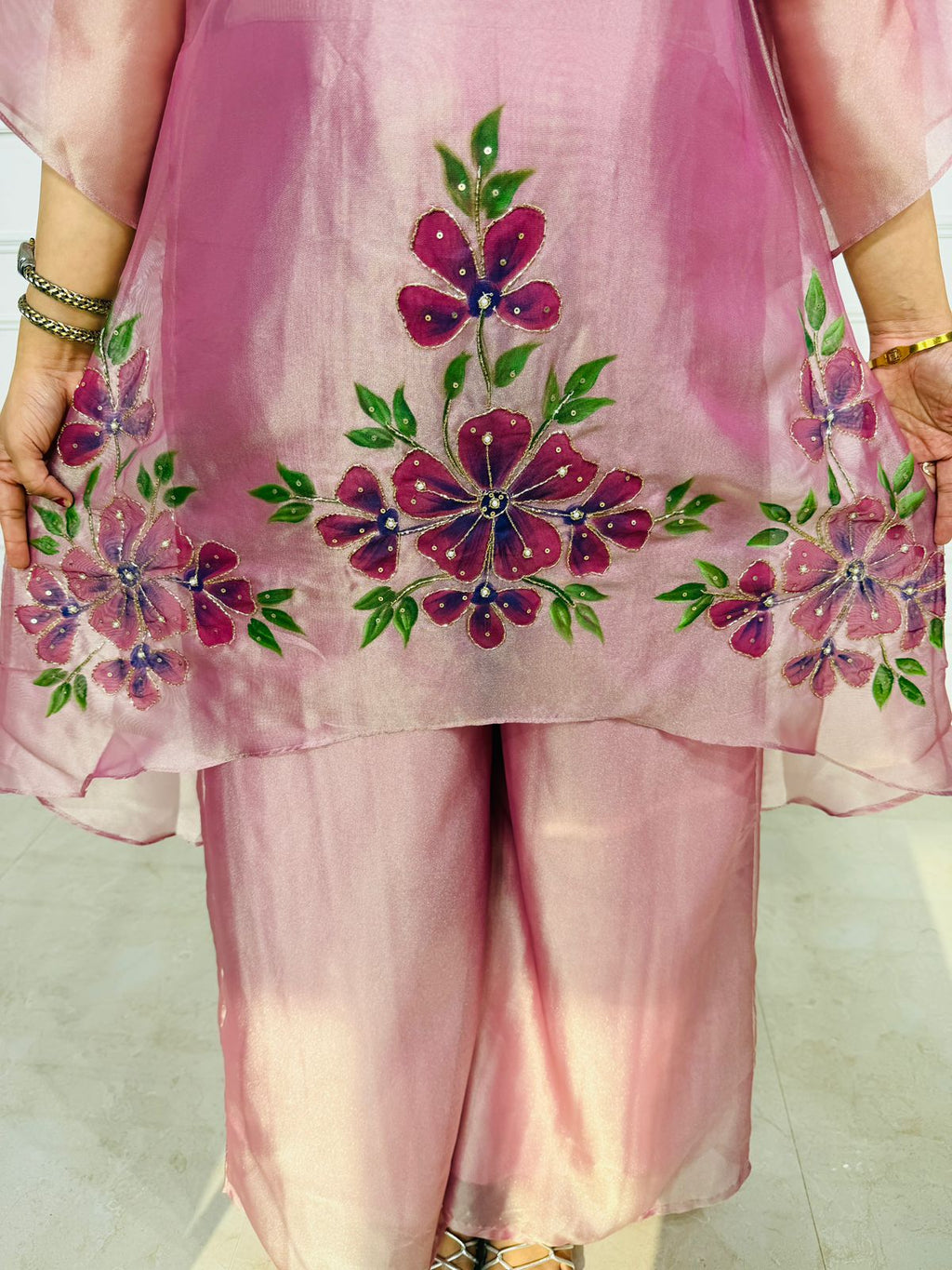 Shafaq 2.O | Blush Organza Floral Embroidered Kurta Set with Palazzo Pants