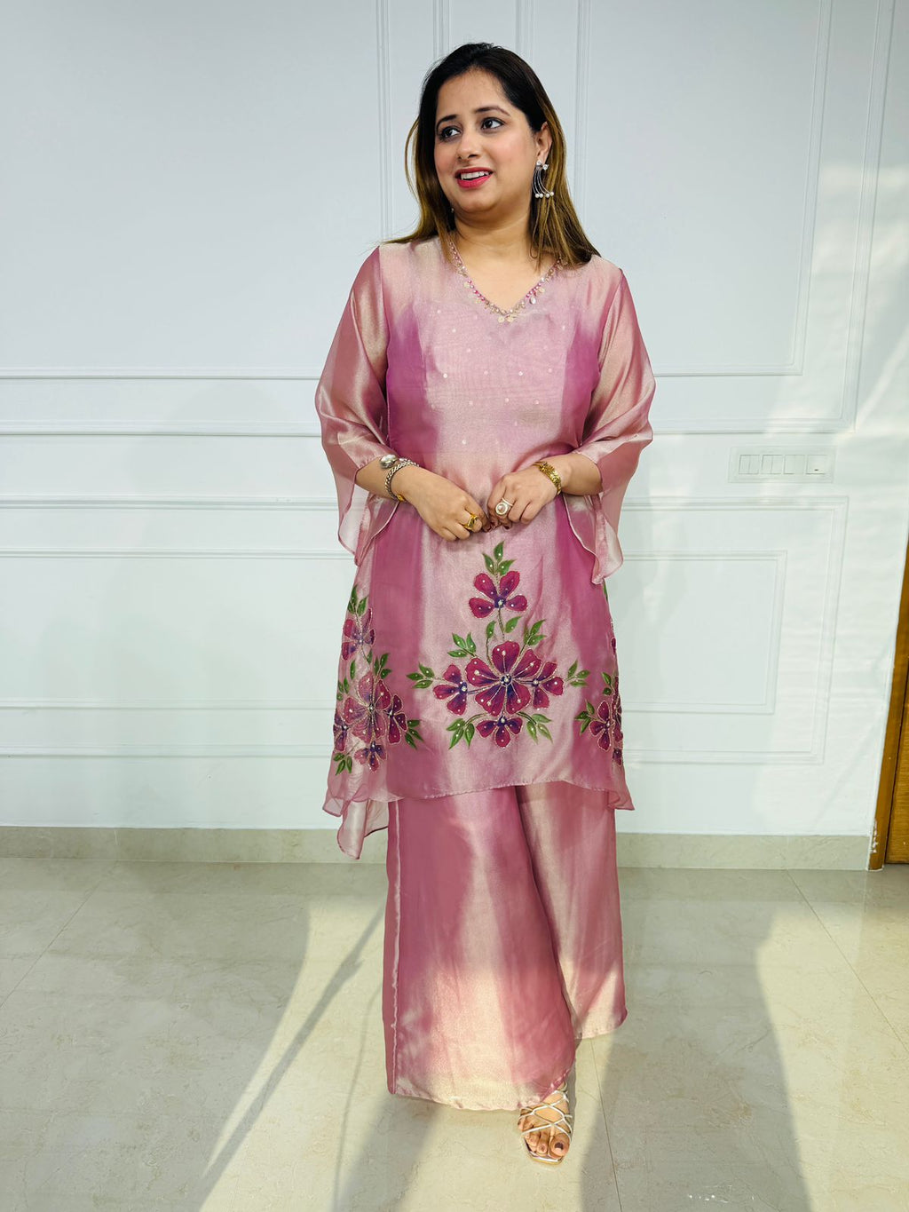Shafaq 2.O | Blush Organza Floral Embroidered Kurta Set with Palazzo Pants