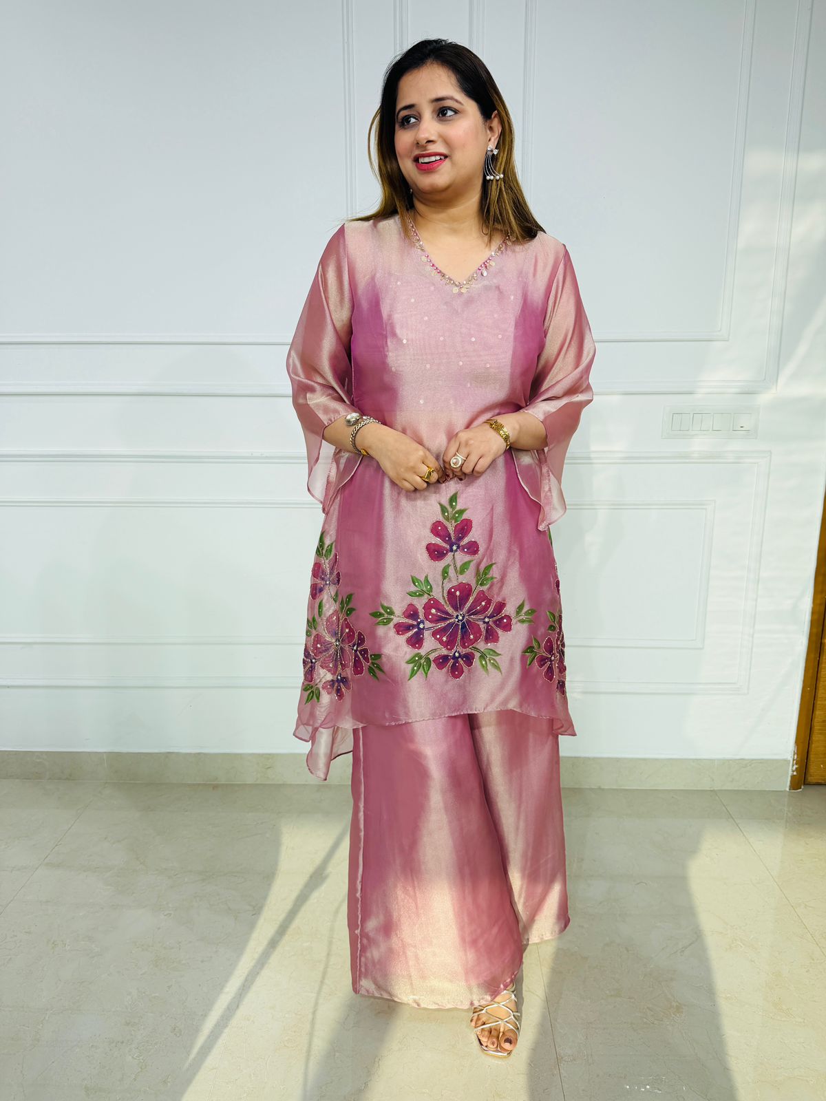 Shafaq 2.O | Blush Organza Floral Embroidered Kurta Set with Palazzo Pants