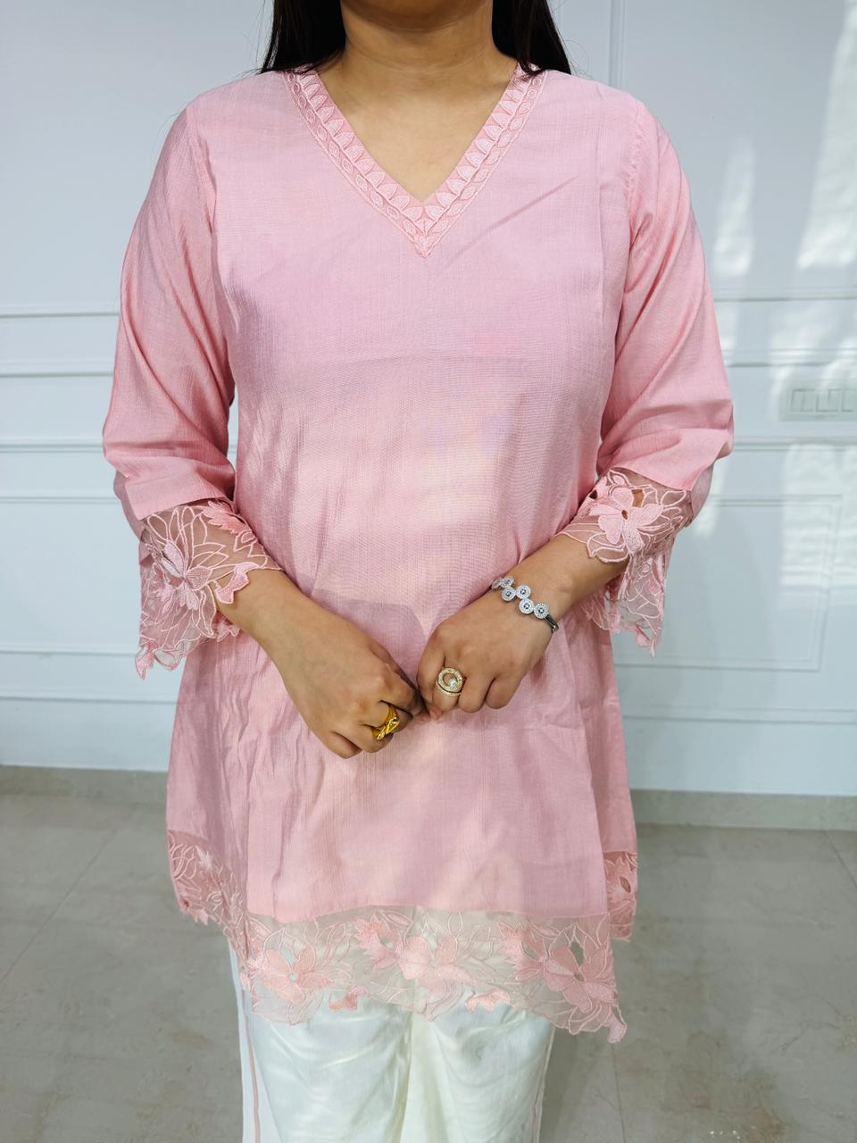 IVORYAY | Blush Pink Lace Kurta Set