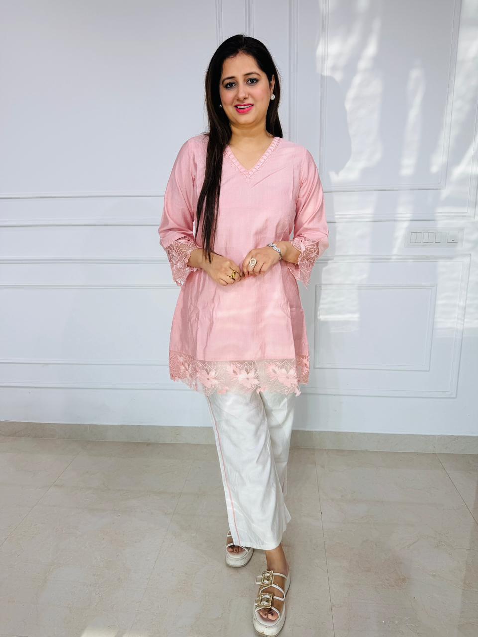 IVORYAY | Blush Pink Lace Kurta Set