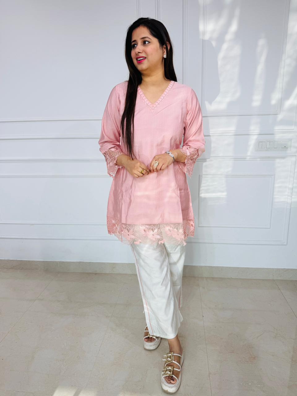IVORYAY | Blush Pink Lace Kurta Set