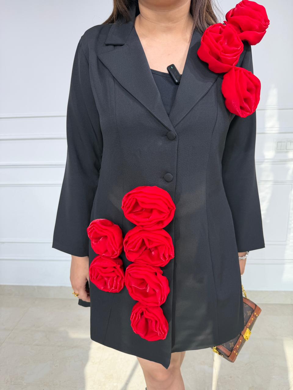 Scarlet | Black Blazer Dress with Crimson Rose Appliqué