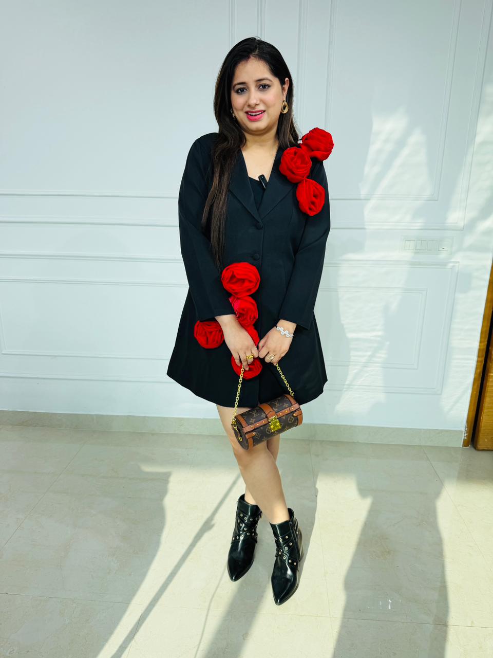 Scarlet | Black Blazer Dress with Crimson Rose Appliqué