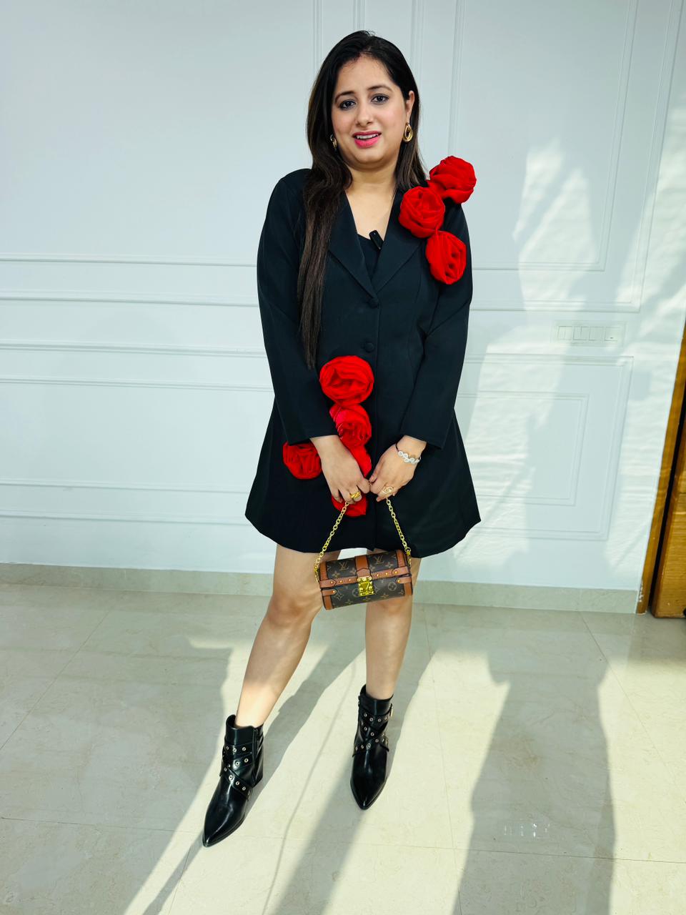 Scarlet | Black Blazer Dress with Crimson Rose Appliqué