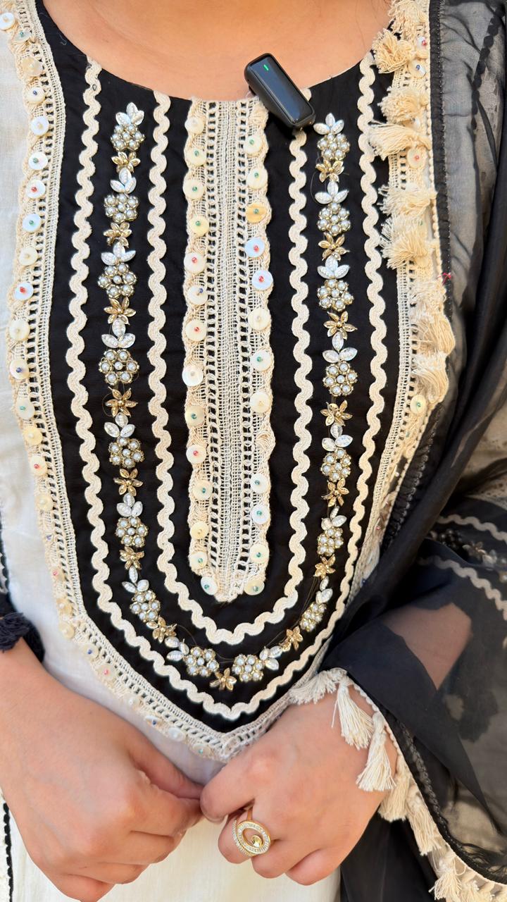 Era | Ivory & Black Embroidered Kurta Set with Tassel Dupatta