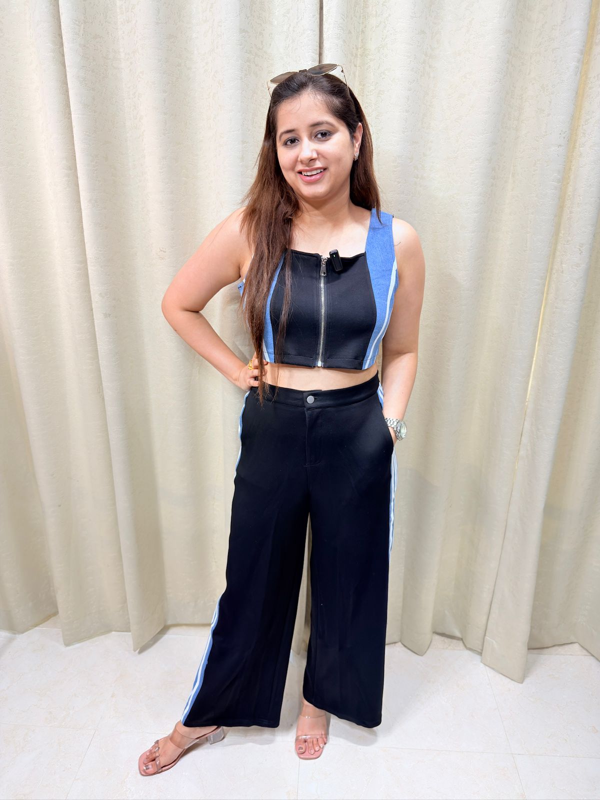 Noiriva | Black Zip Crop Top & Wide-Leg Pants Co-ord Set with Contrast Stripes