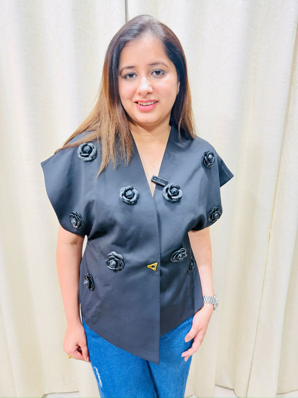 Noirelle | Black Floral Appliqué Structured Asymmetrical Statement Top