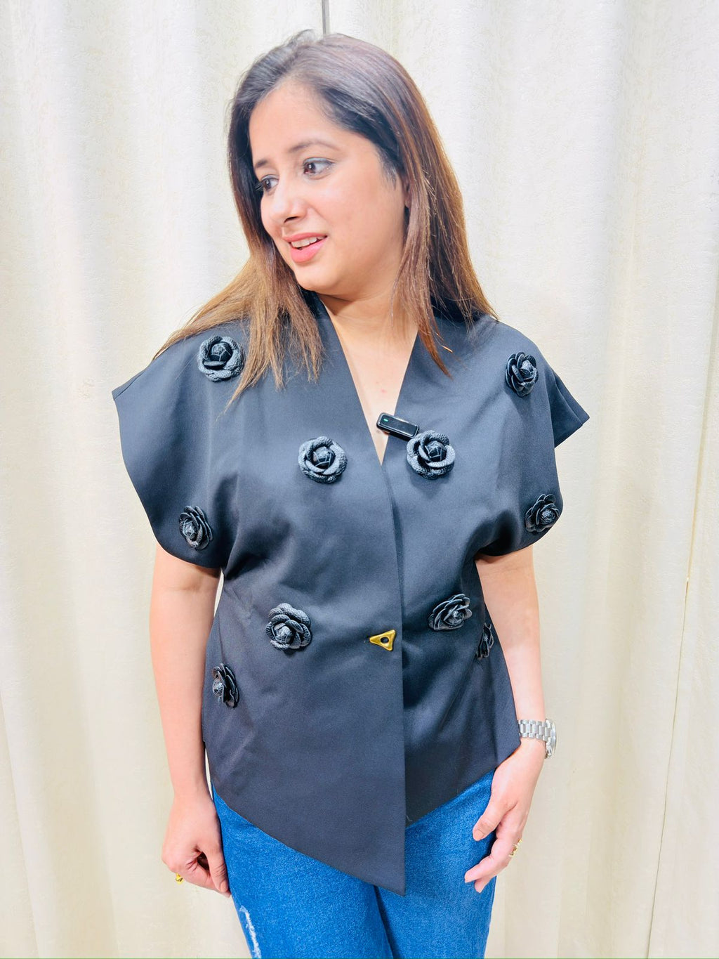 Noirelle | Black Floral Appliqué Structured Asymmetrical Statement Top