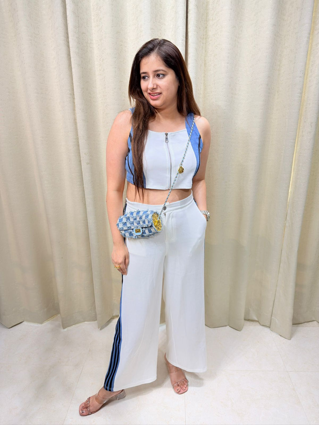 Blanique | White Zip Crop Top & Wide-Leg Pants Co-ord Set with Contrast Stripes