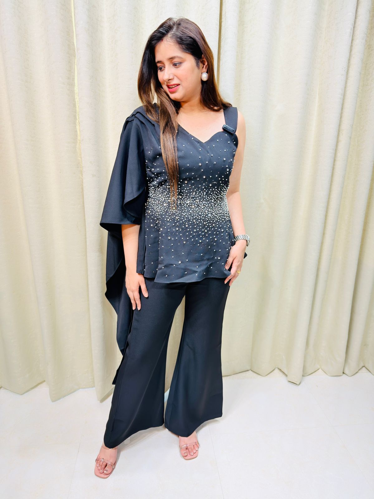 Velmora | Black Embellished Cape Co-ord Set