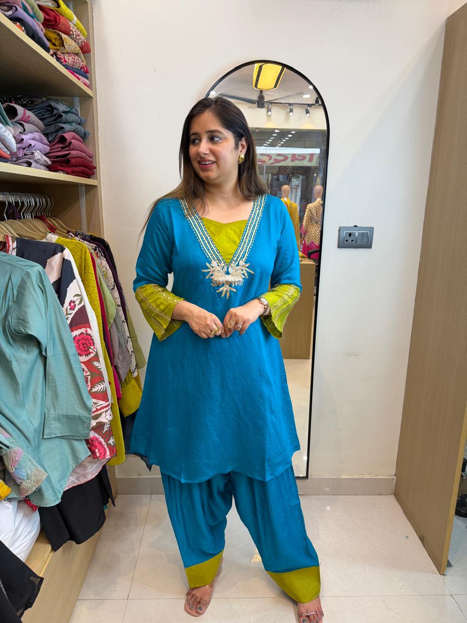 Vyra | Teal Blue Embroidered Kurta Set with Contrast Detailing