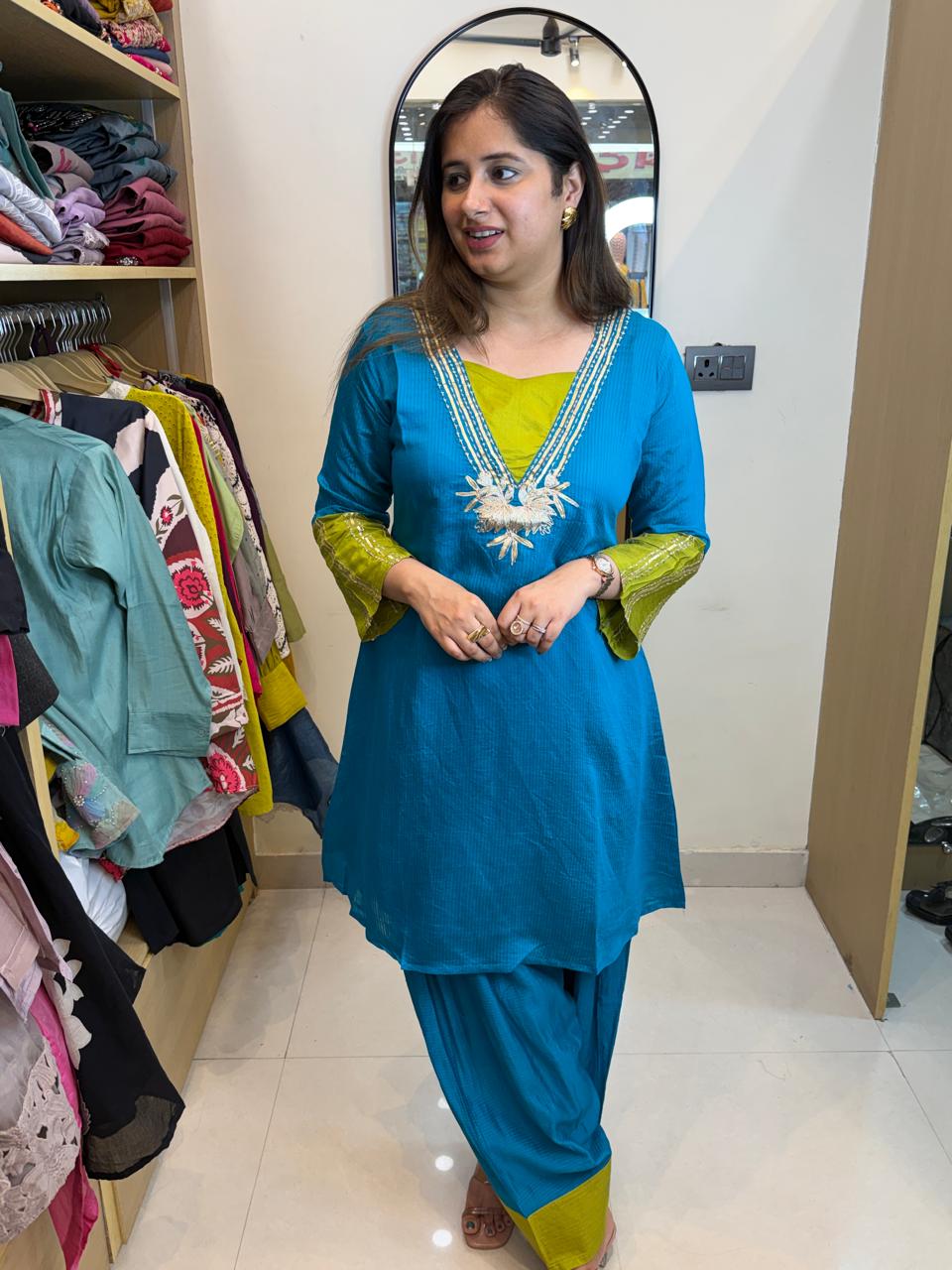 Vyra | Teal Blue Embroidered Kurta Set with Contrast Detailing