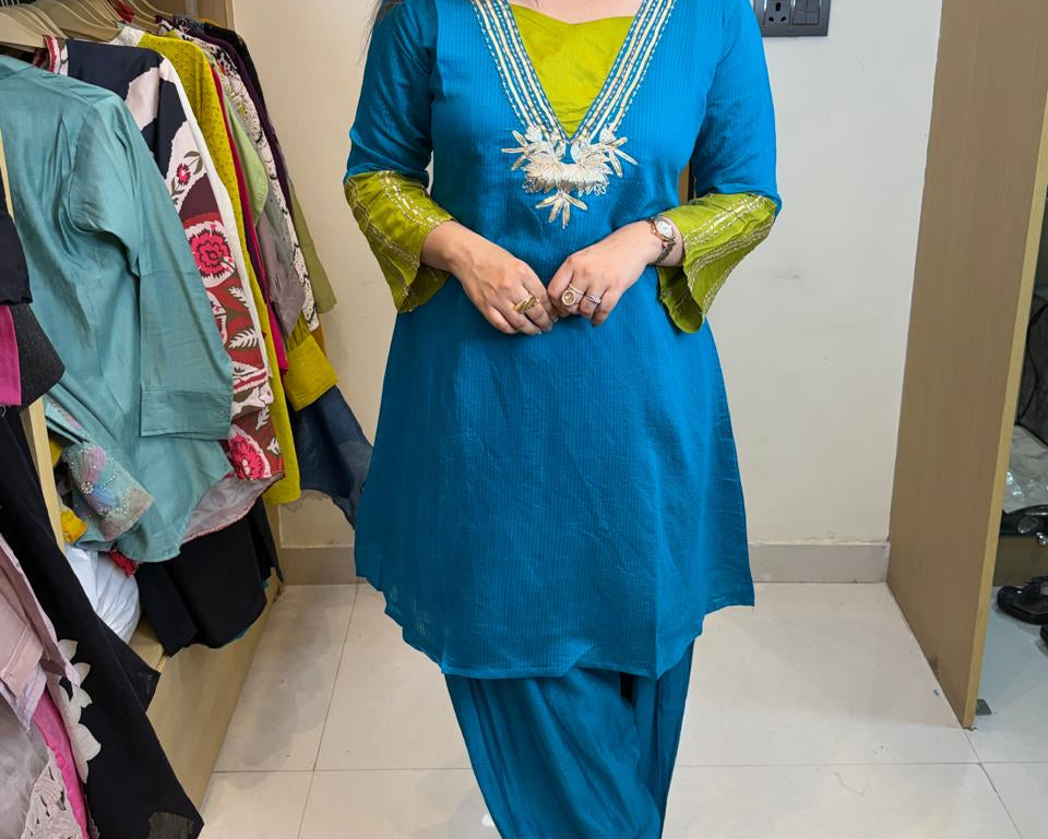 Vyra | Teal Blue Embroidered Kurta Set with Contrast Detailing