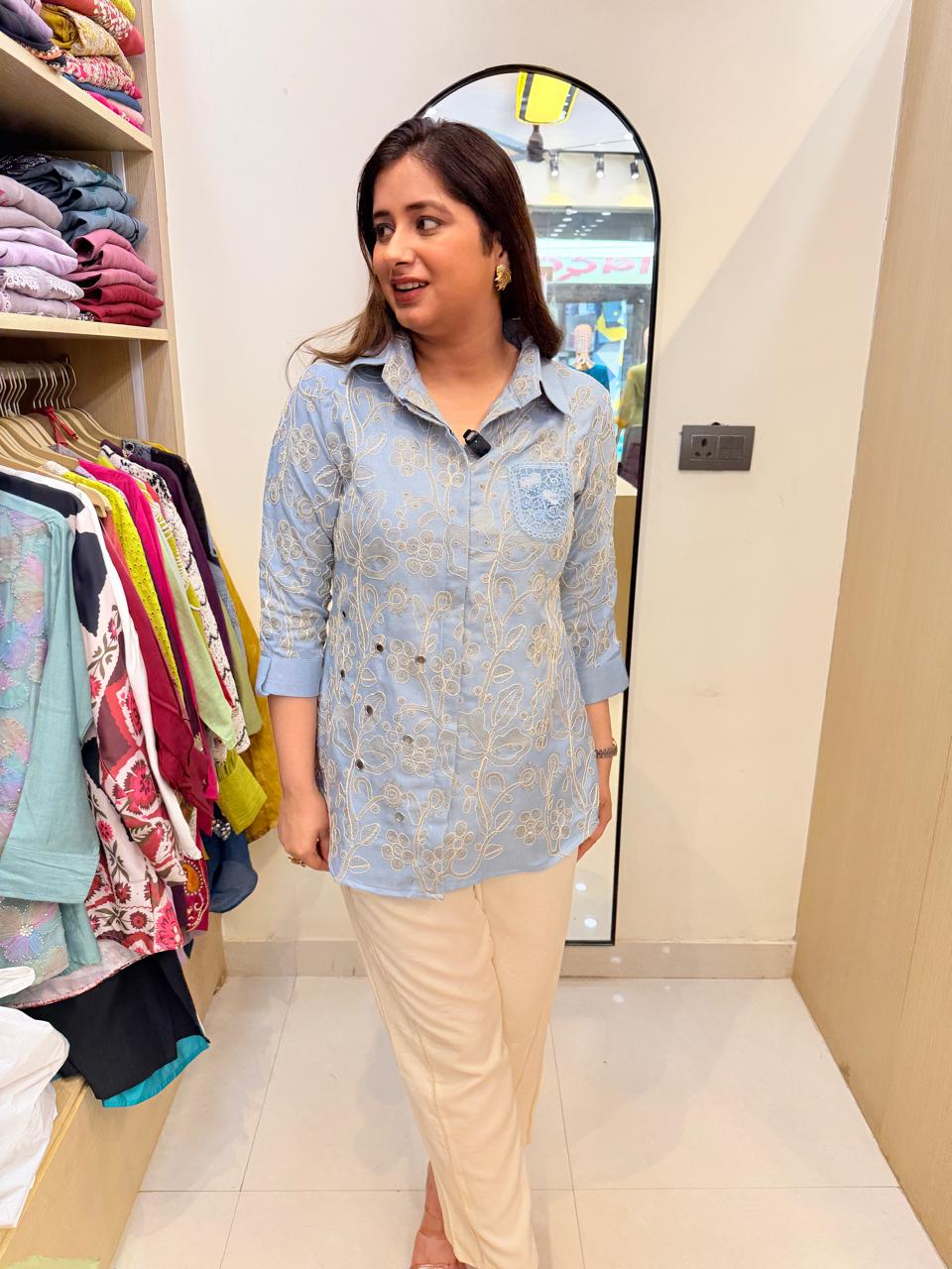 Neerja | Blue Embroidered Shirt Style Kurta with Cream Straight Pants Co-Ord Set