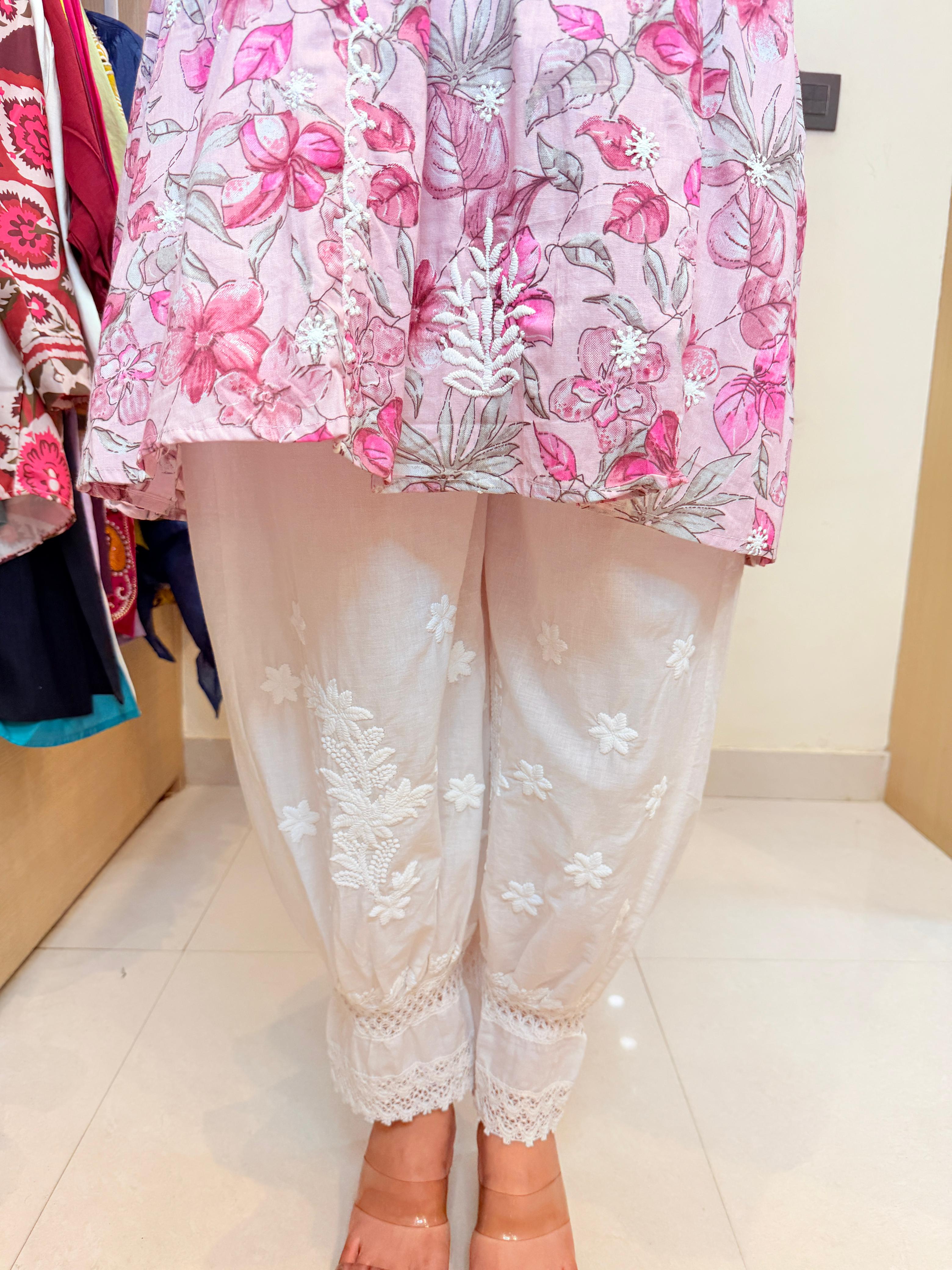 Gulika | Pink Floral Kurta with White Embroidered Afghani Salwar Co-Ord Set