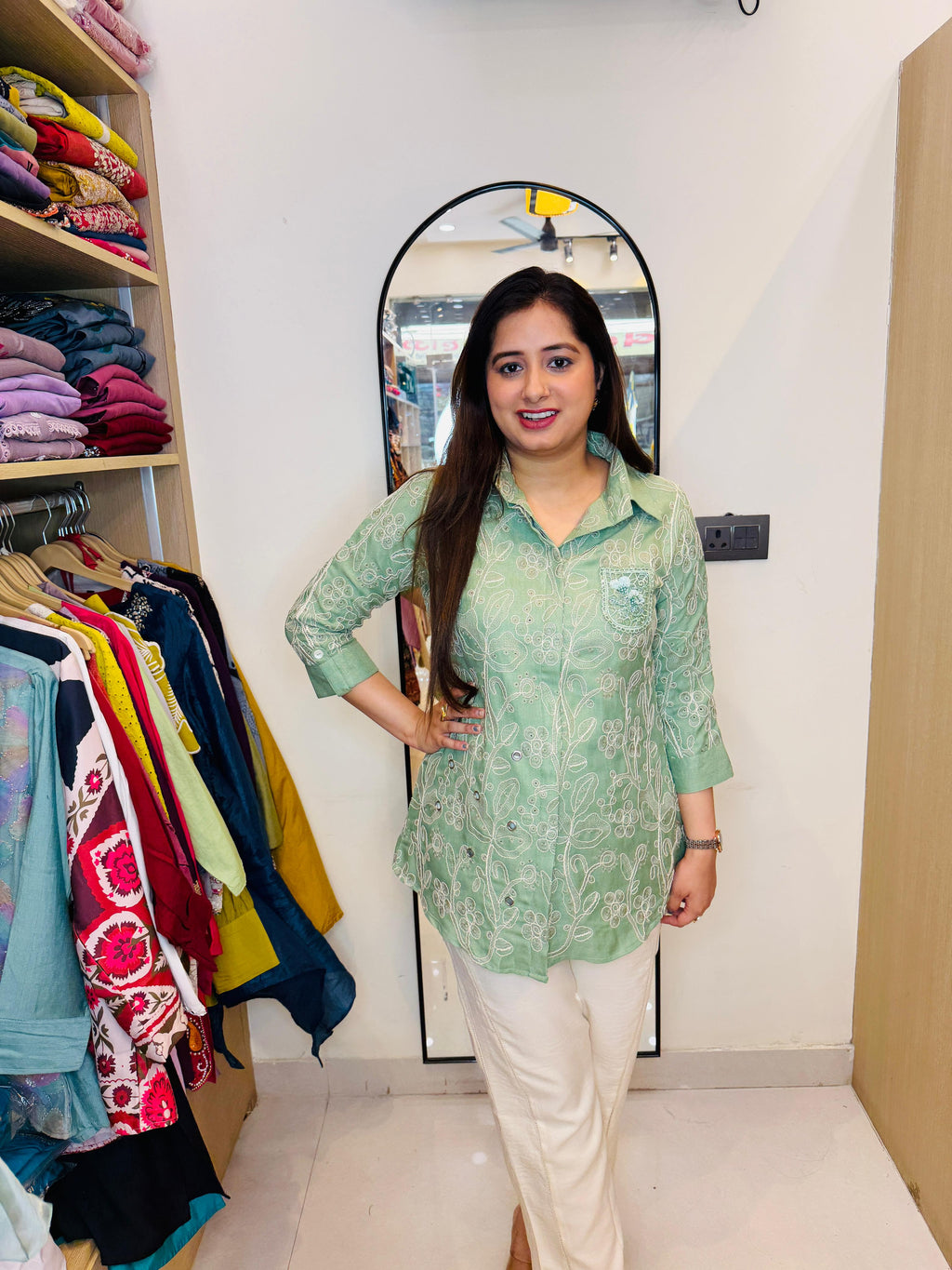 Harita | Sage Green Embroidered Shirt Style Kurta with Cream Straight Pants Co-Ord Set