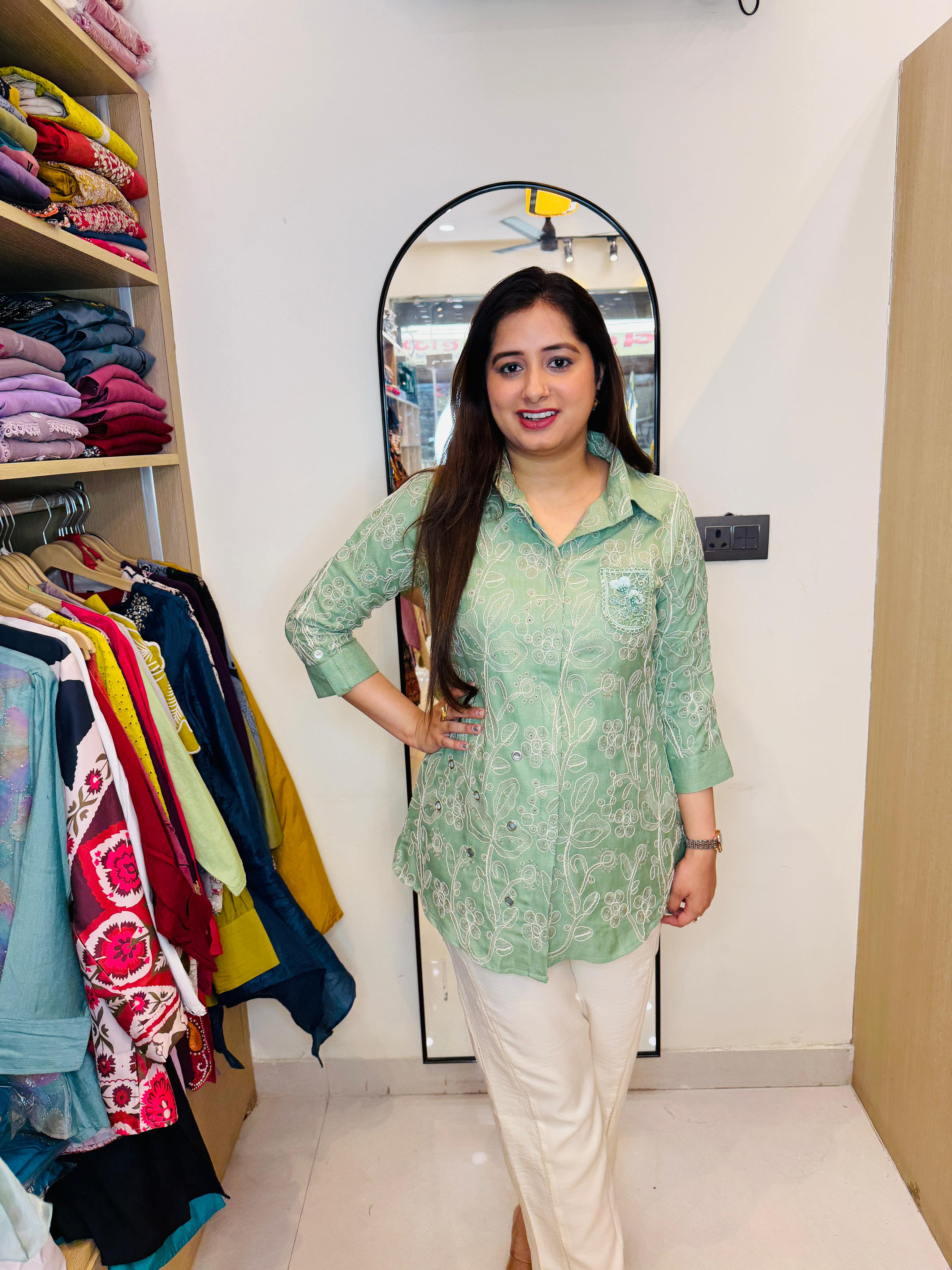 Harita | Sage Green Embroidered Shirt Style Kurta with Cream Straight Pants Co-Ord Set