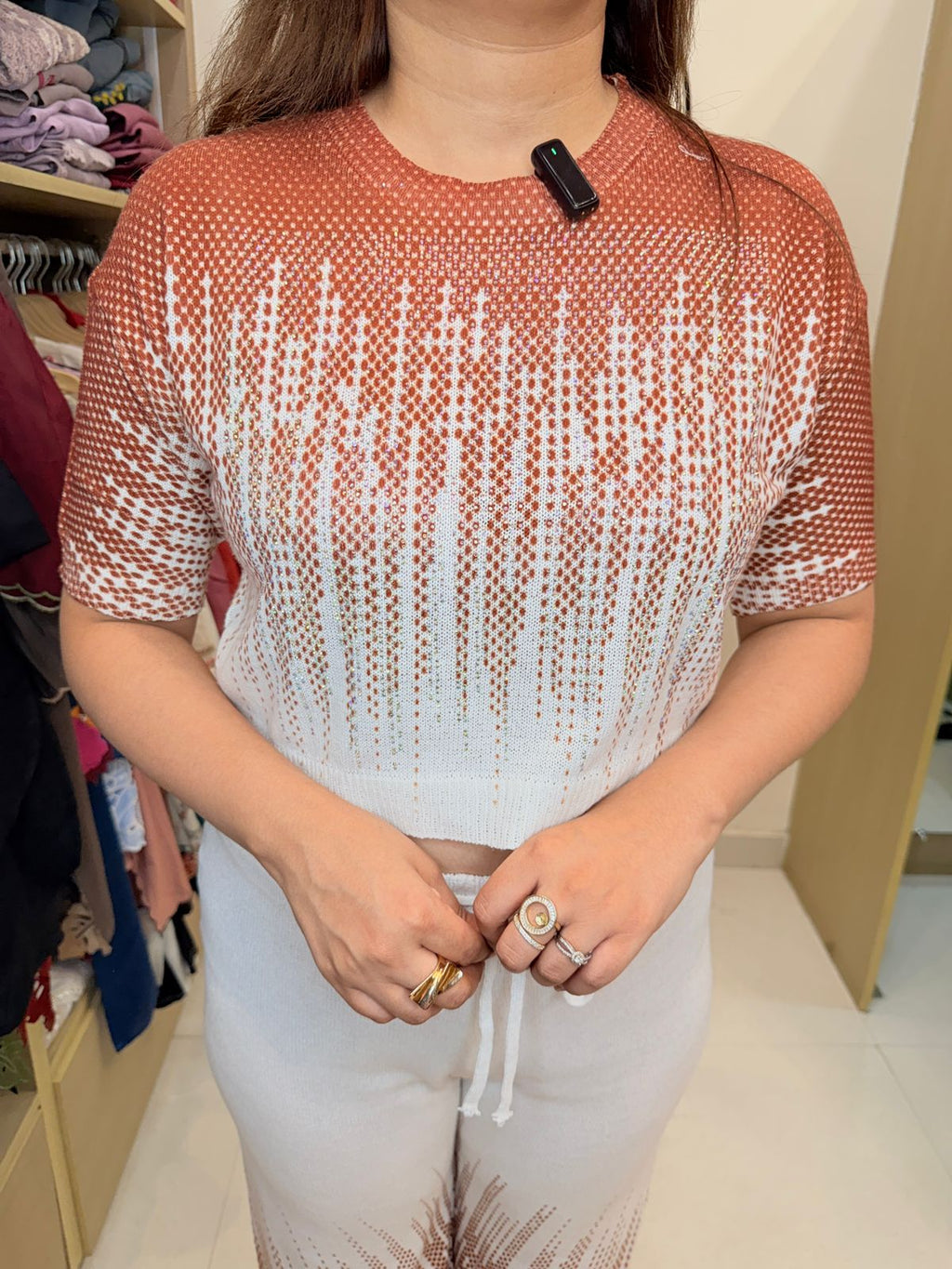 Sienna | Ombre Sequin Rust Orange Coord Set – Short Sleeve Top with Grey Joggers