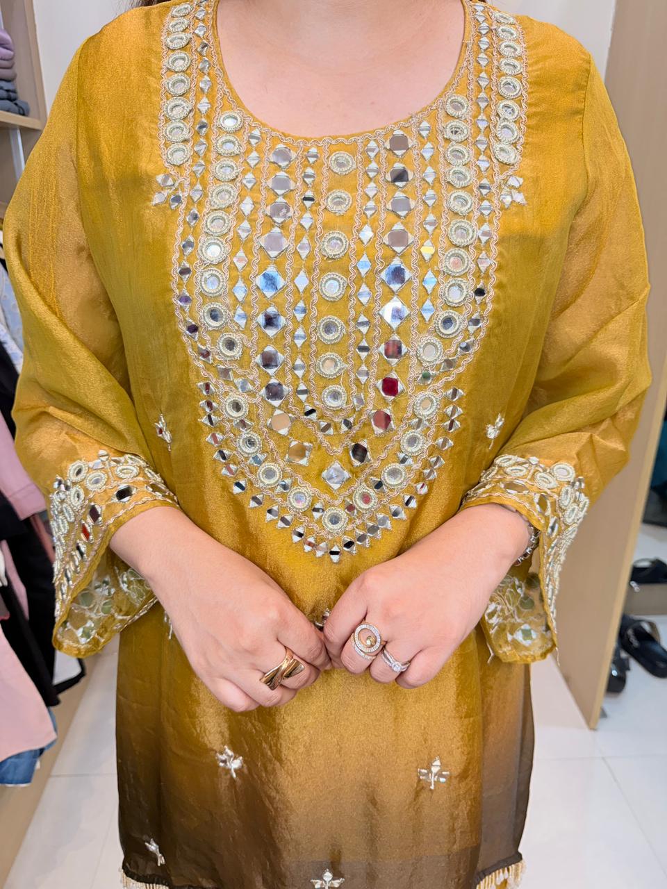 Zareen | Mustard Ombre Mirrorwork Suit Set