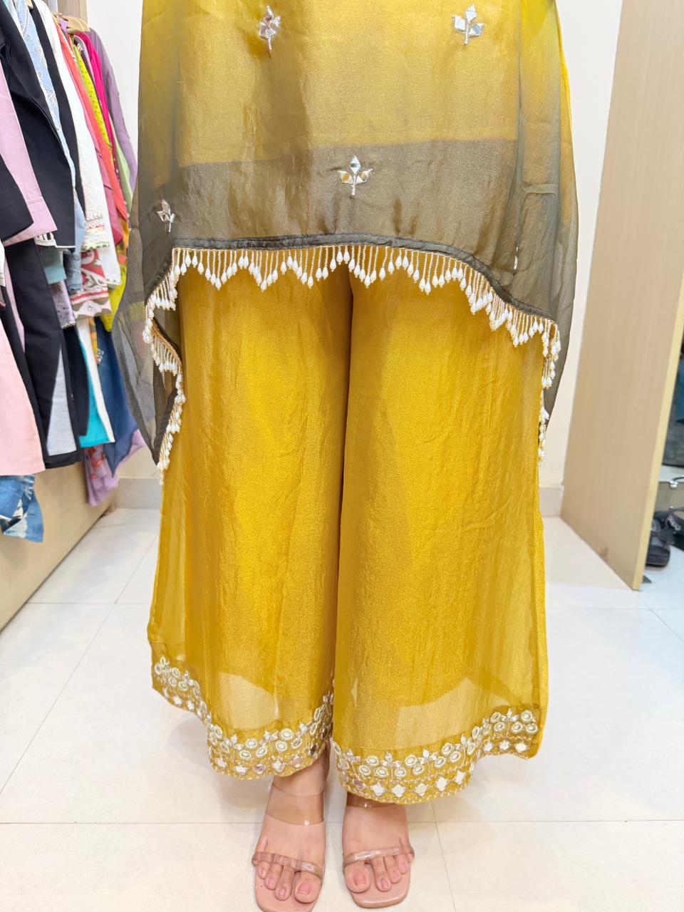 Zareen | Mustard Ombre Mirrorwork Suit Set