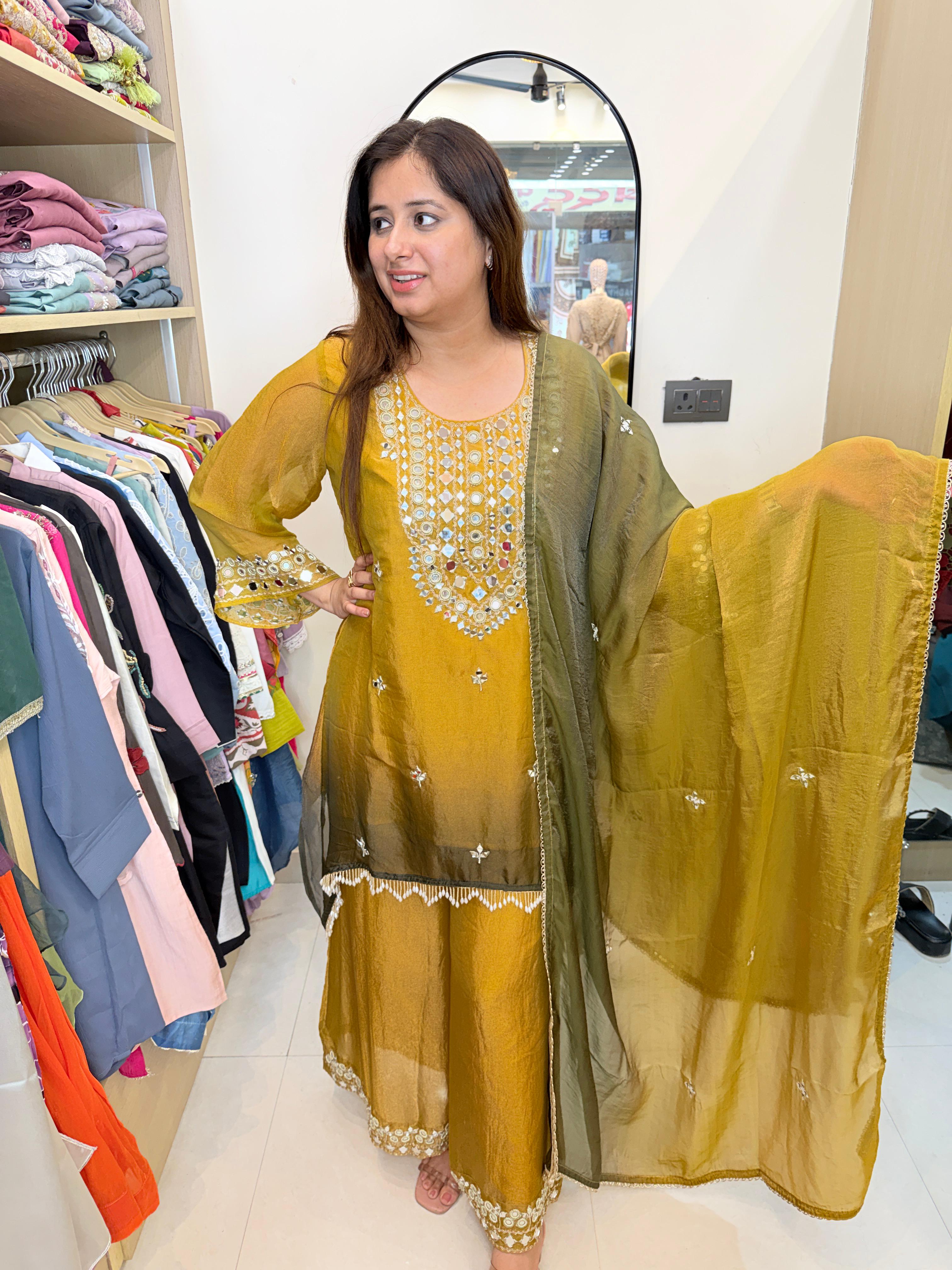 Zareen | Mustard Ombre Mirrorwork Suit Set