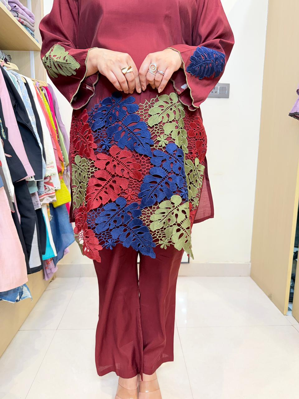 Maroon | Floral Lace Statement Coord Set