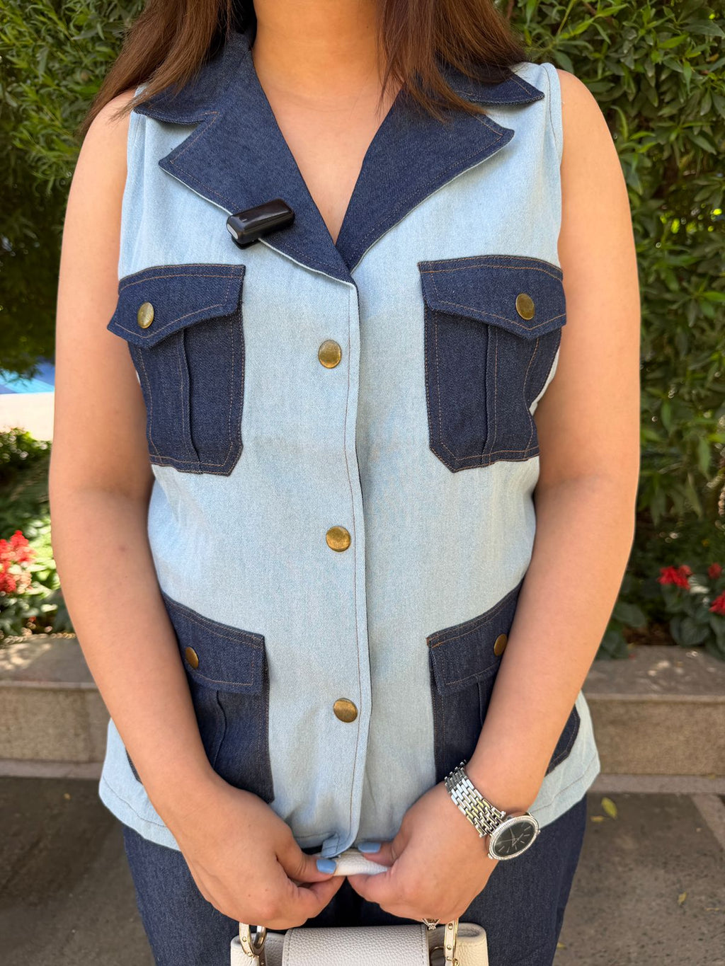 Denira | Denim Co-ord Set – Chic Contrast Pocket Sleeveless Set