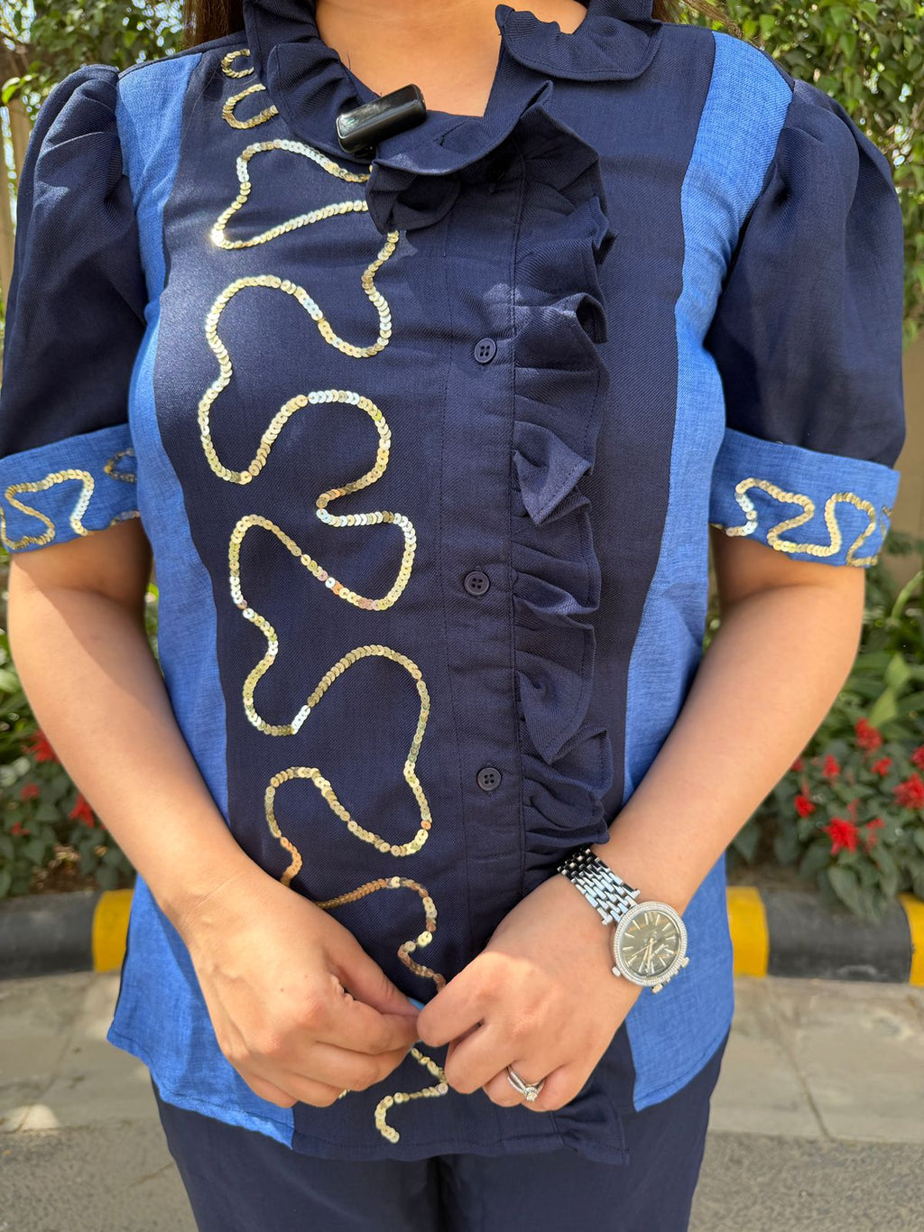 Zenvia | Navy Embroidered Co-ord Set with Statement Panel Detailing