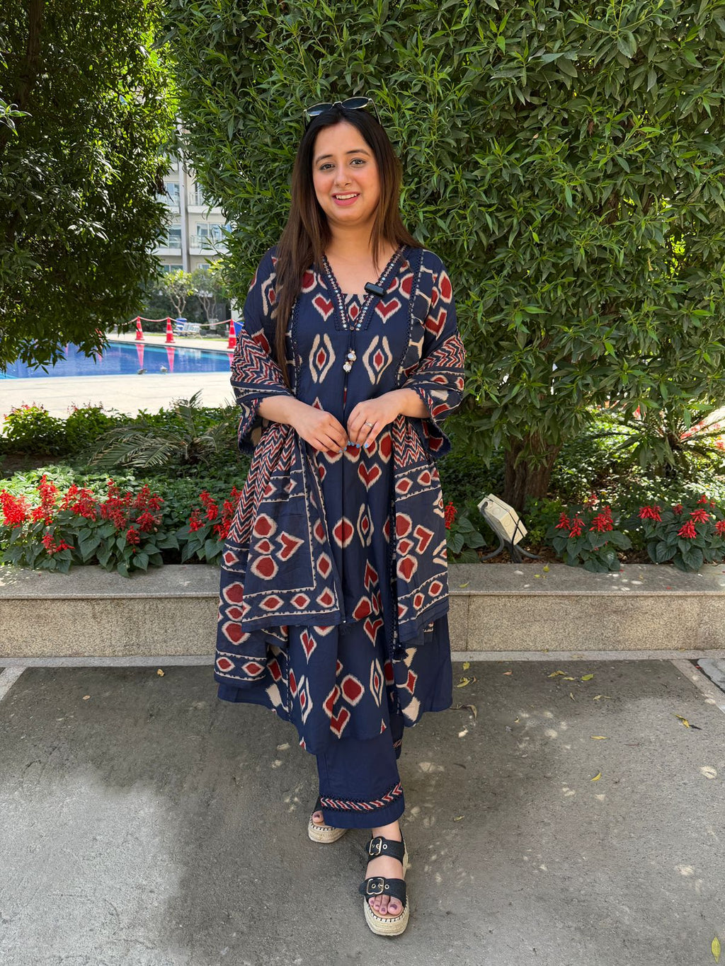Aarzya | Navy Ajrakh Printed 3-Piece Suit Set with Statement Dupatta