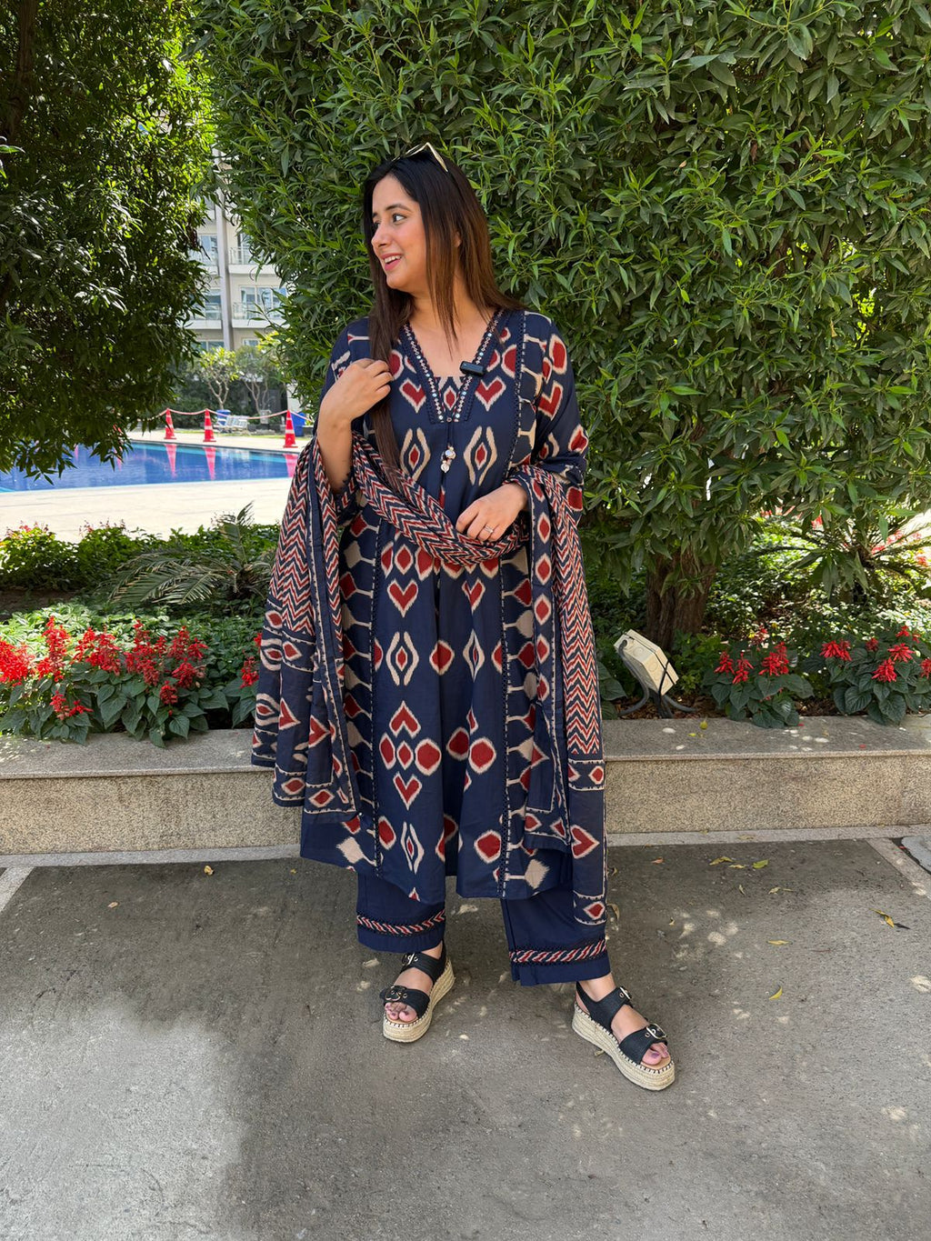 Aarzya | Navy Ajrakh Printed 3-Piece Suit Set with Statement Dupatta