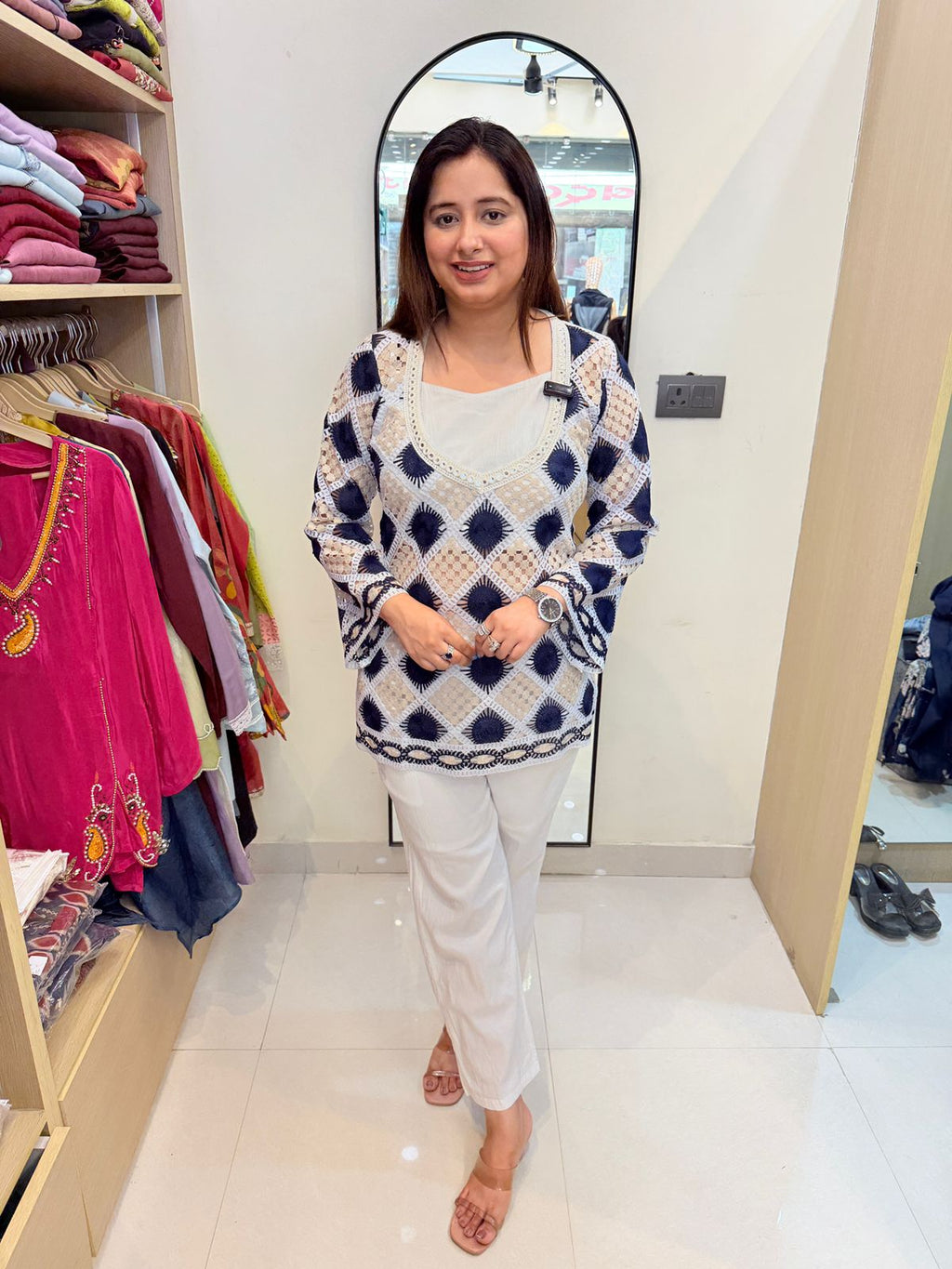 Avena | Ivory & Navy Printed Co-ord Set with Statement Top & Straight Pants