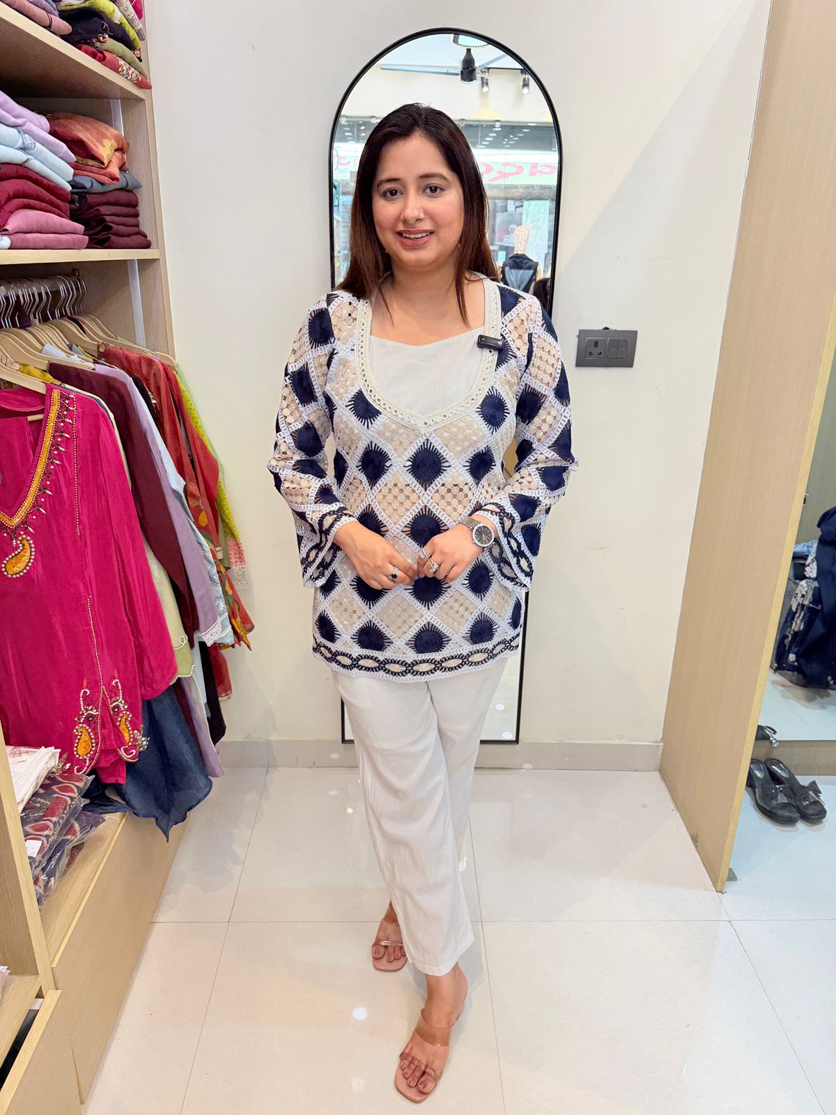 Avena | Ivory & Navy Printed Co-ord Set with Statement Top & Straight Pants